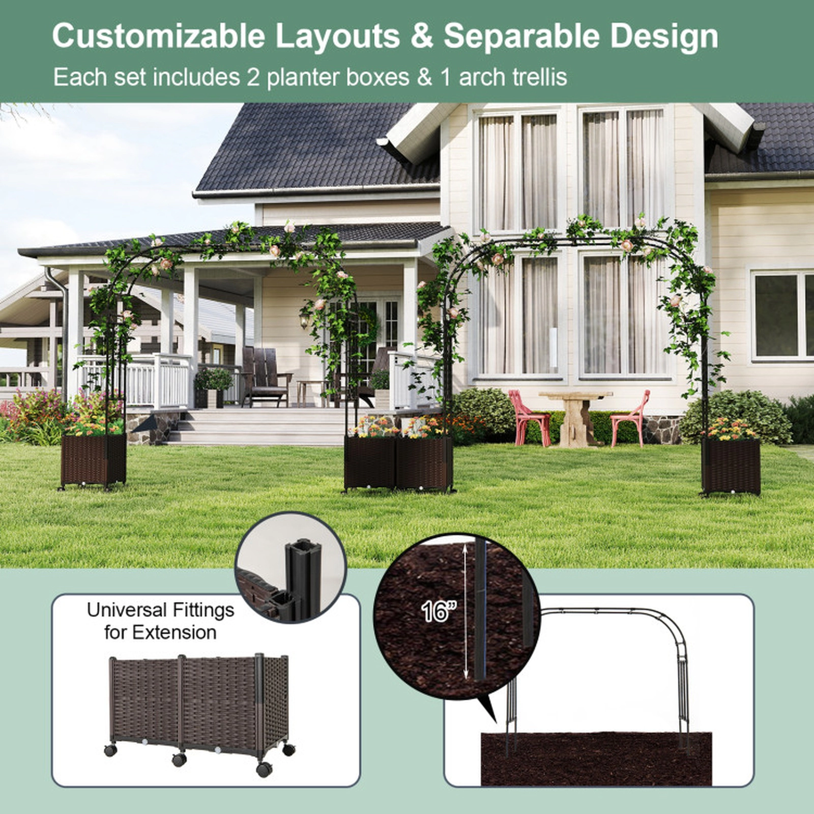 SUGIFT 6.6-Ft Black Garden Arch Trellis with 2 Planter Boxes and Lockable Wheels 80-in W 16-in D 113-in H