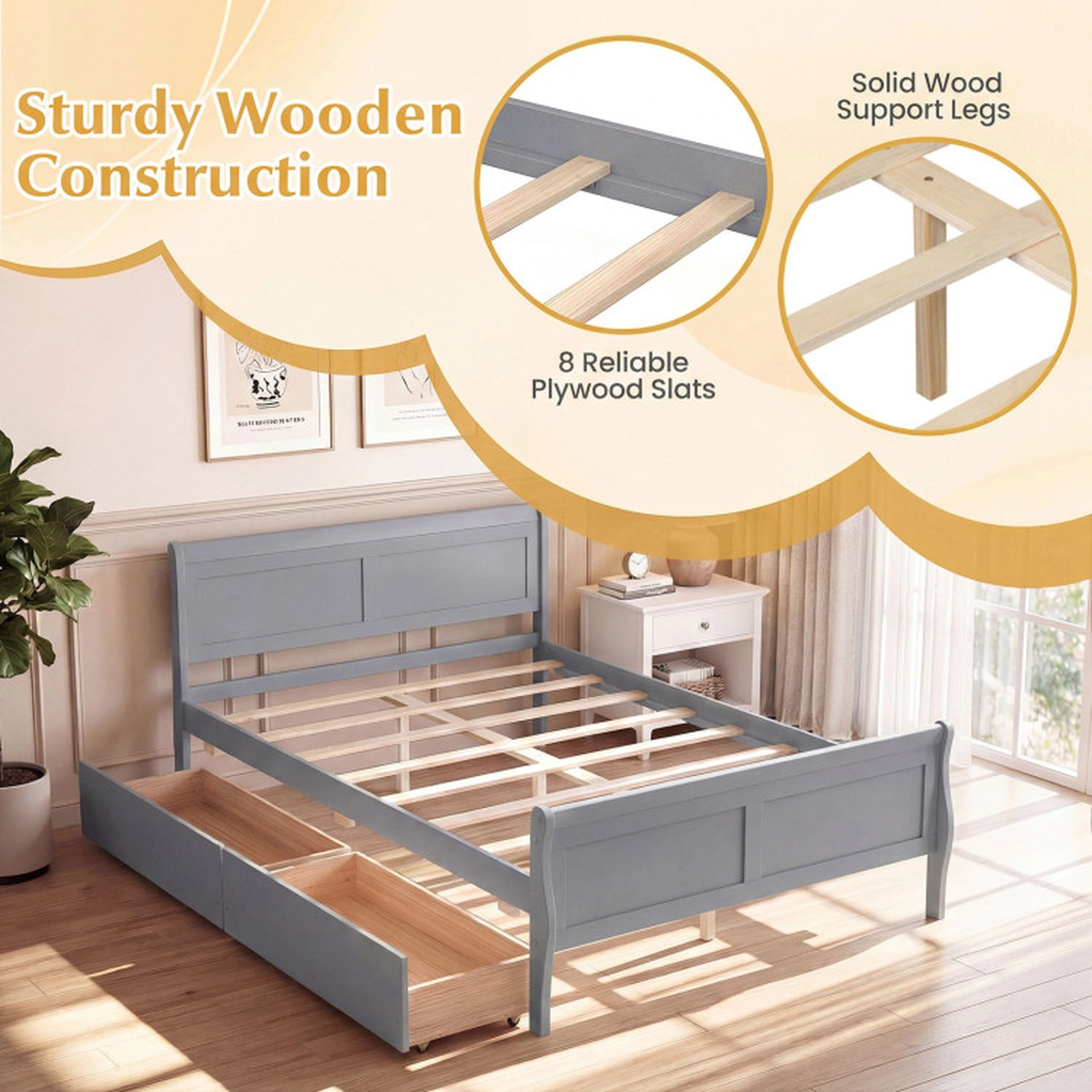 SUGIFT Gray 2 Storage Drawers and Curved Footboard Full Size Wooden Bed Frame