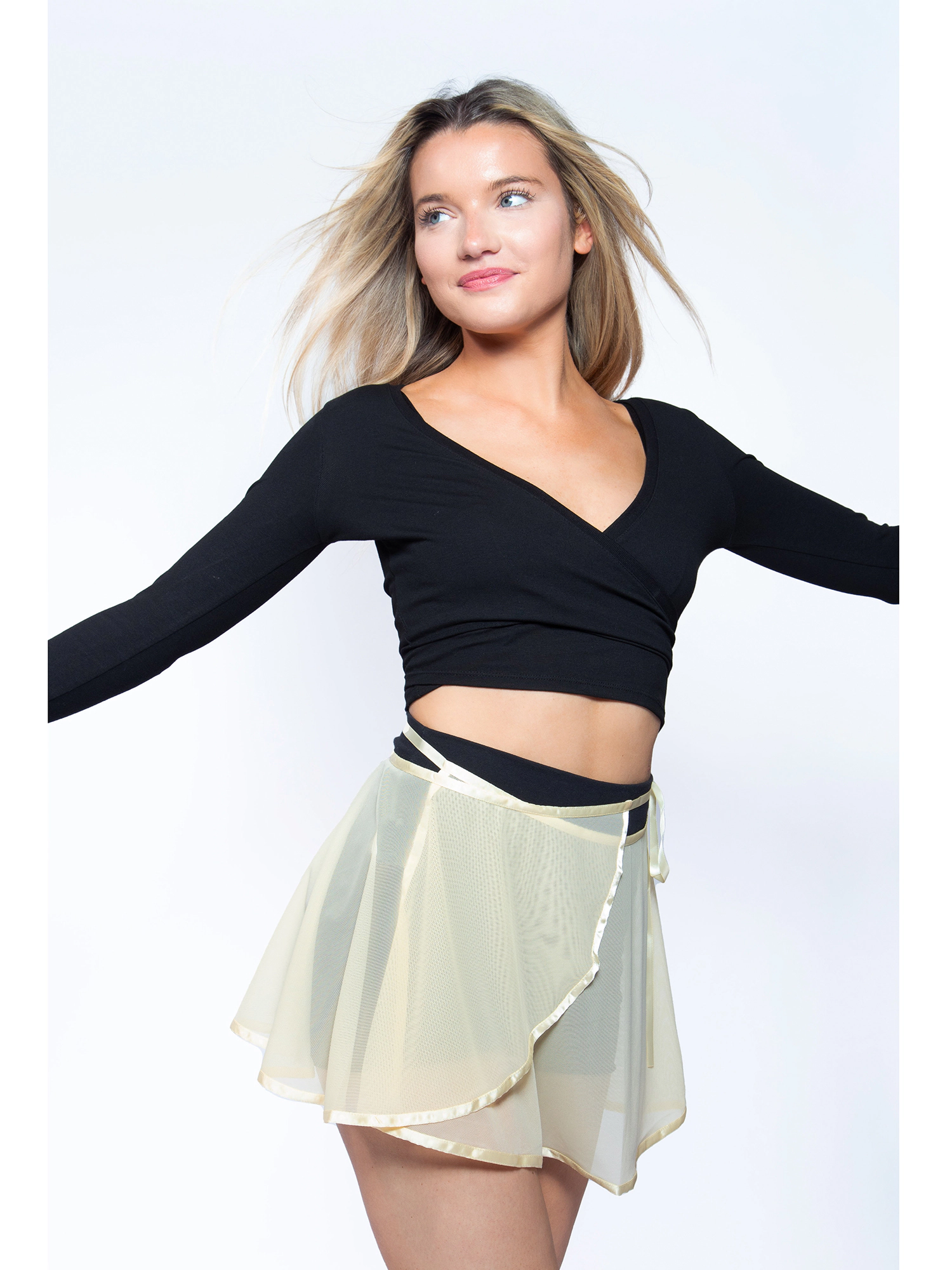 JESS by Meiko Women's Ballerina Sheer Tie Waist Satin Trim Mini Wrap Skirt