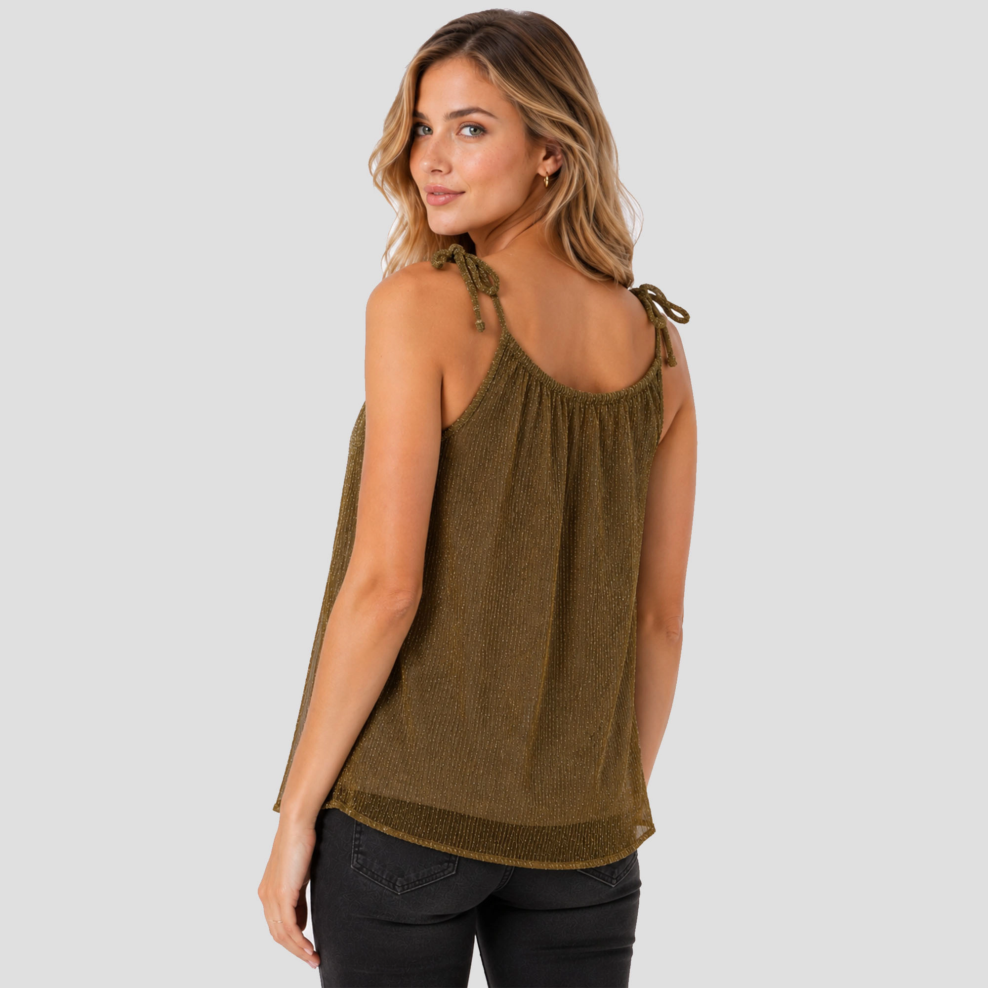 Artyska Women's Shimmer Round Neck Tie-Shoulder Tank Top