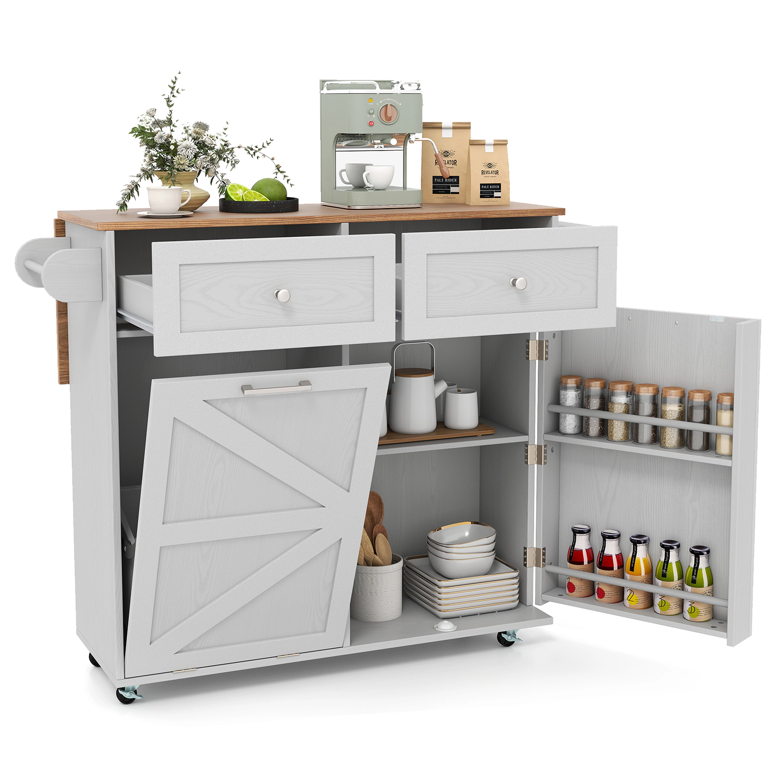 SUGIFT Gray Rolling Kitchen Island with Trash Can Cabinet Drop Leaf and Rubber Wheels 42-in W 25.5-in D 35.5-in H