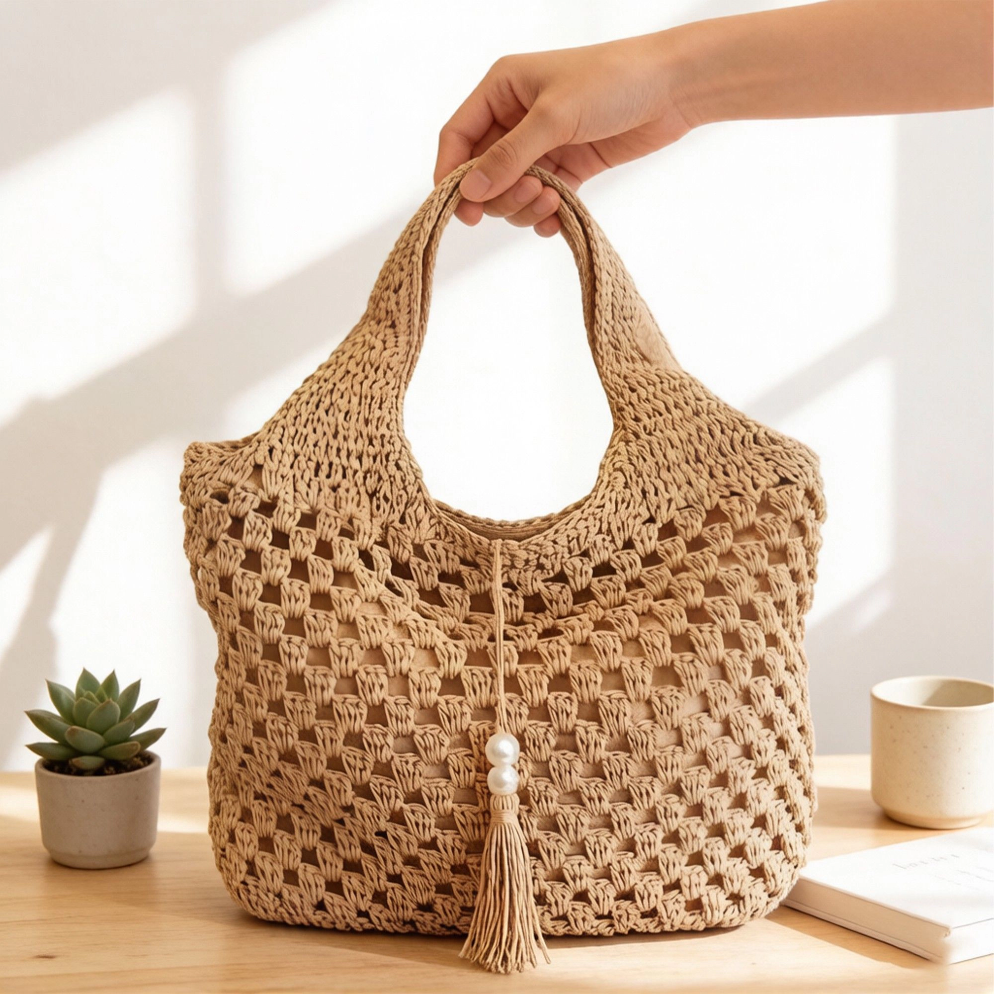 Alilang Women's Crochet Shoulder Bag with Tassel Detail Soft Knit Handbag Lightweight Casual Everyday Tote