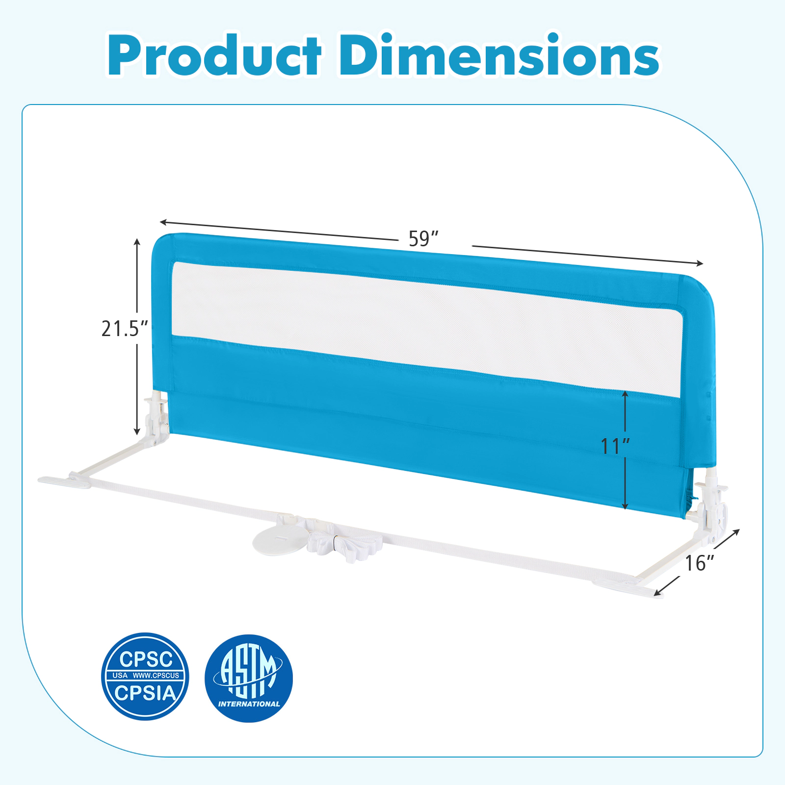 SUGIFT Blue Breathable Safety Strap 59 Inch Folding Baby Bed Rail Guard
