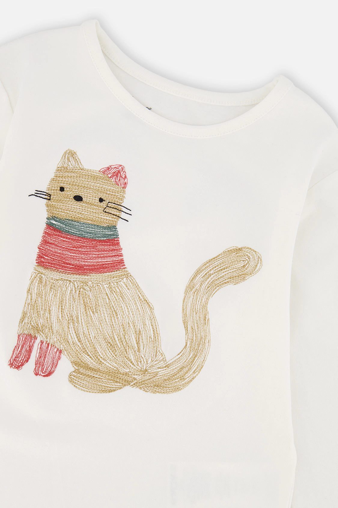 Deux par Girls Embroidered Cat Organic Cotton Long Sleeve T-Shirt
