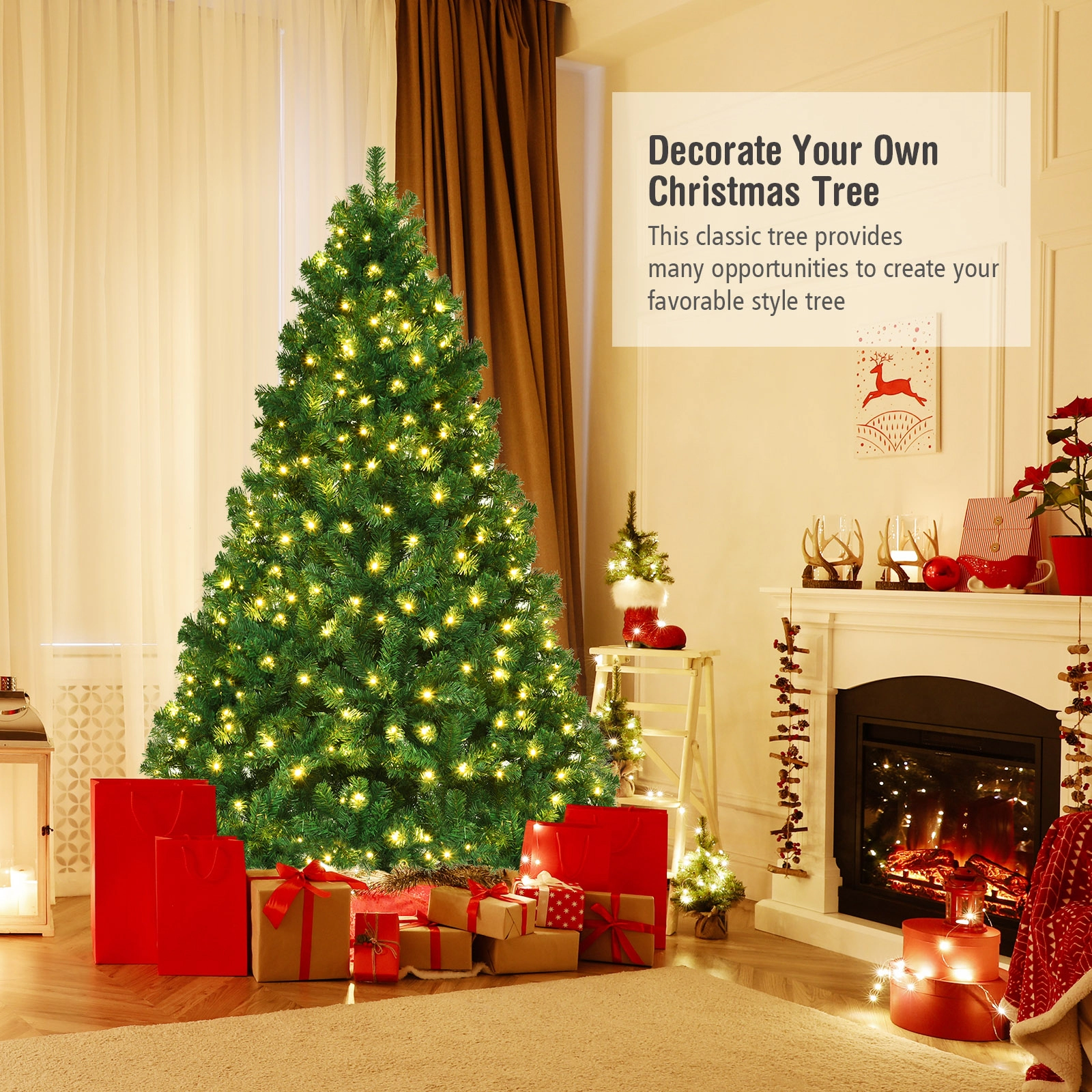 SUGIFT 7-ft Green Pre-Lit Artificial Christmas Tree with 300 Warm White LED Bulbs 1096 Tips and Iron Stand