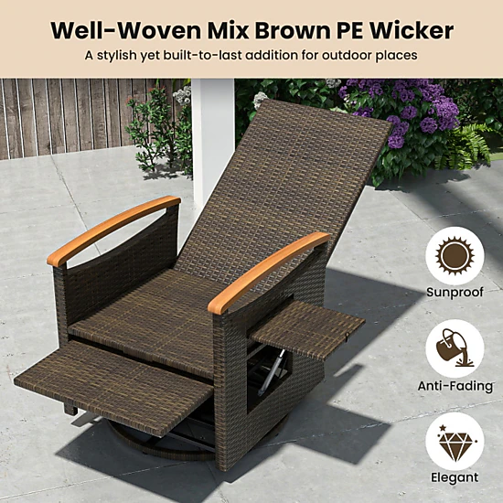 Hivvago Patio Rattan 360 Degree Swivel Recliner Chair With Adjustable Backrest And Footrest