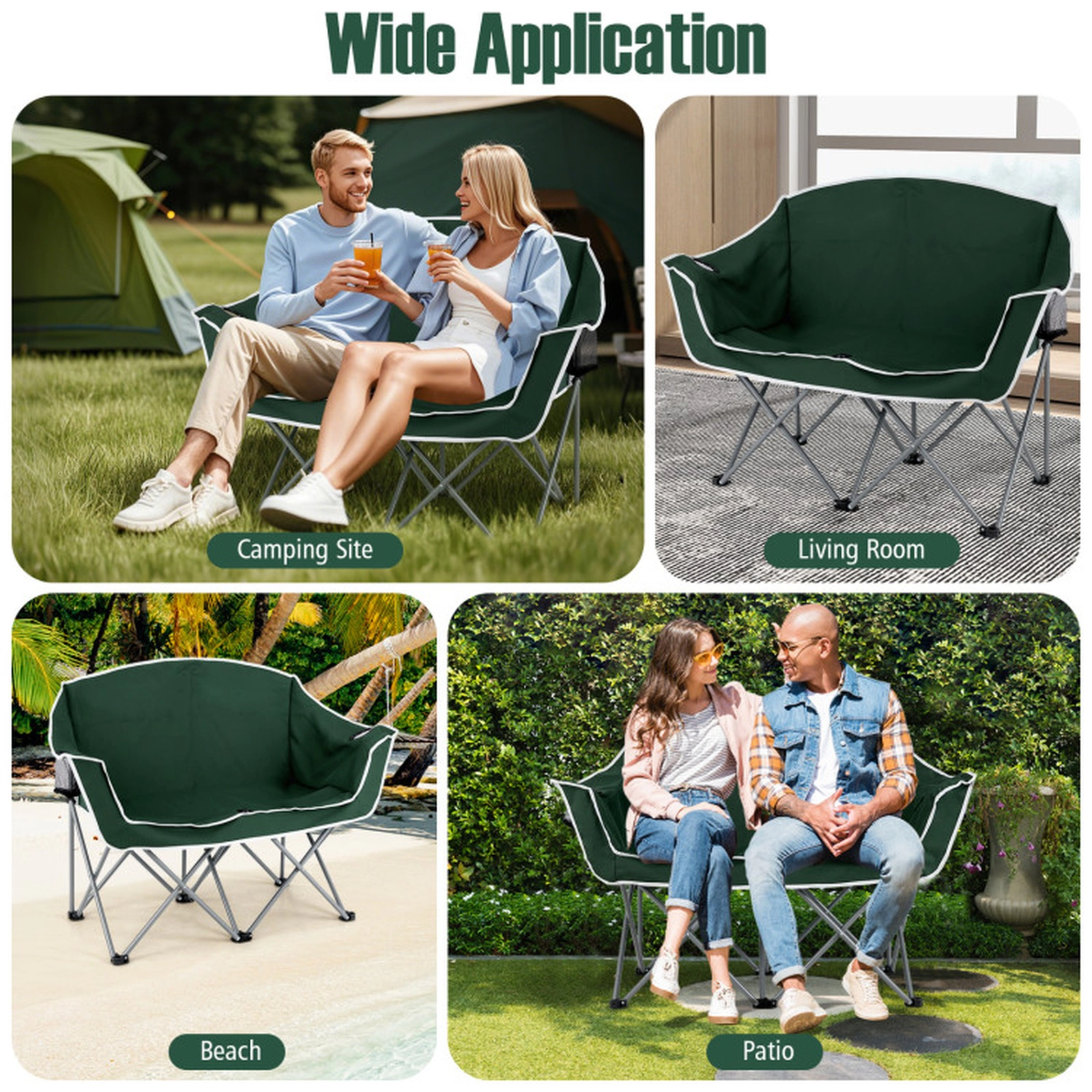 SUGIFT Green 660 lb Double Camping Loveseat Chair with 2 Cup Holders and Carry Bag