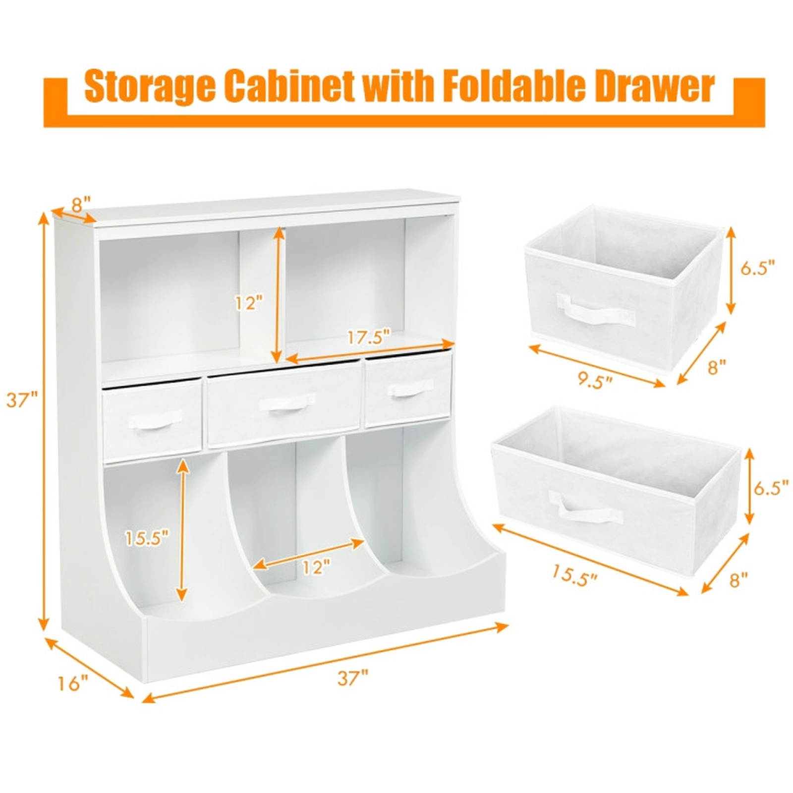 SUGIFT Kids 8 Cubes 3 Detachable Non-Woven Drawers Cubby Toy Storage Organizer 37-in x 16-in x 37-in 66-lb Top White