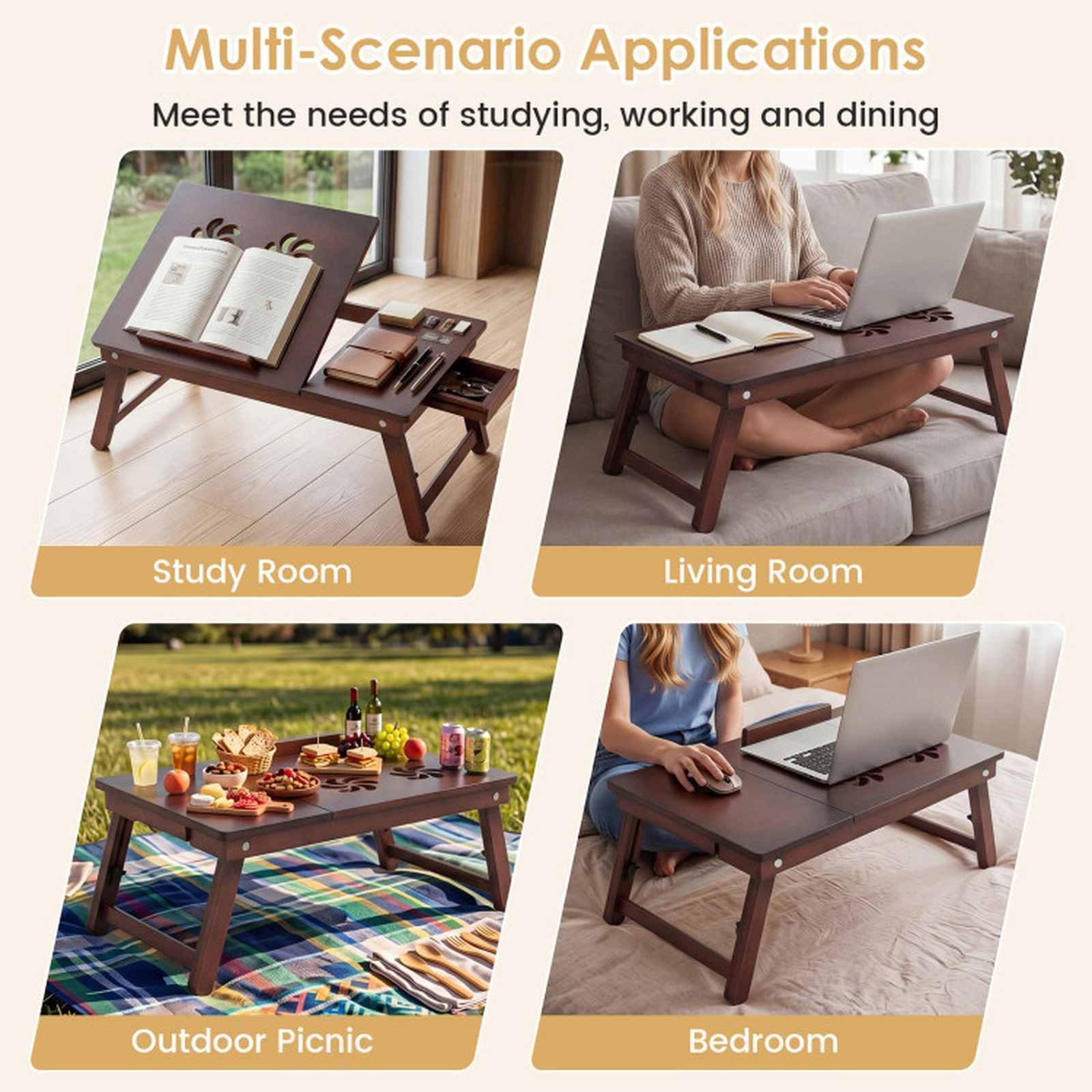 SUGIFT Bamboo 4 Tilt Levels Folding Legs Laptop Lap Desk 23-in x 13-in 9-in to 11.5-in Height 22-lb Capacity Brown