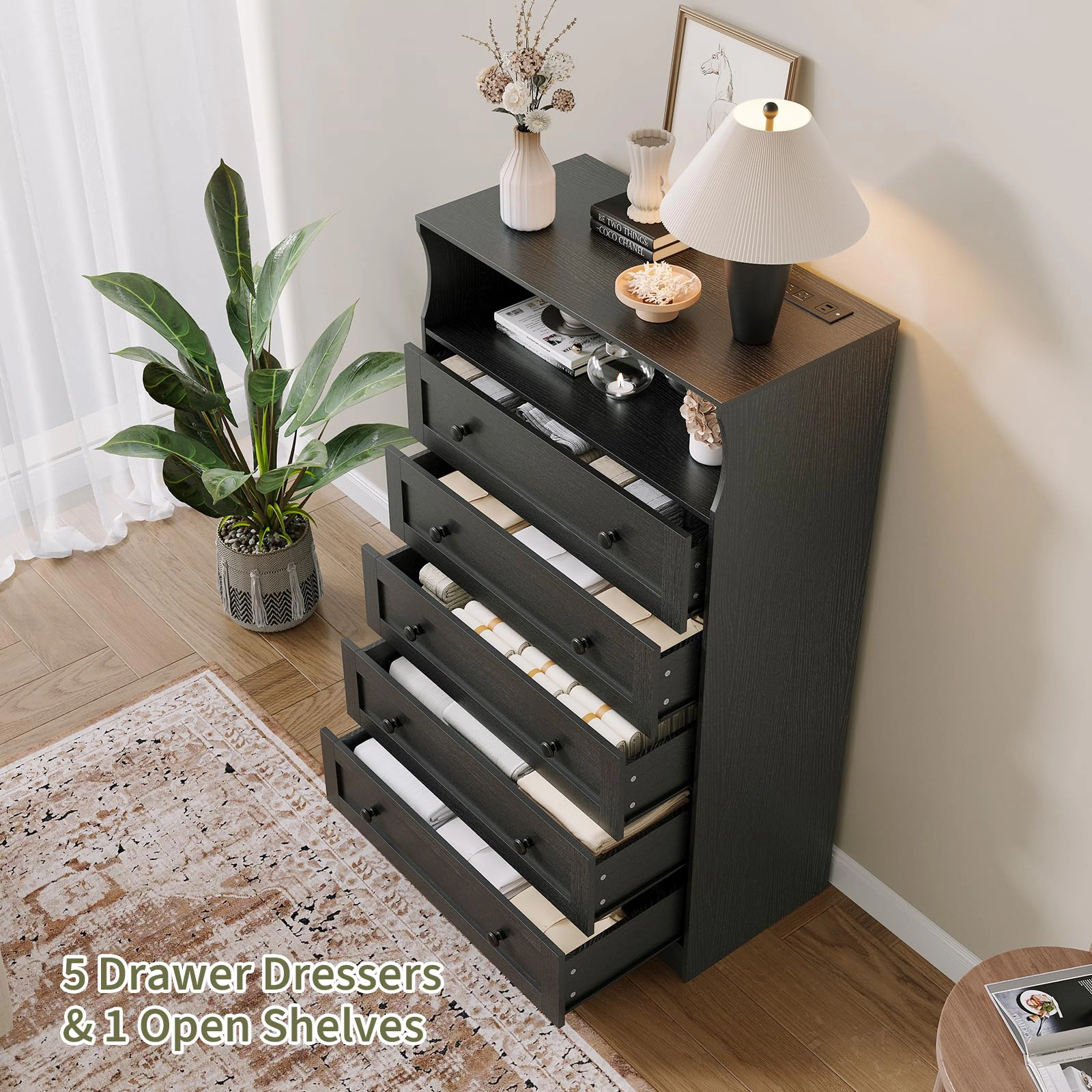53.1" Tall 5 Drawer Dresser with LED Shelf & Charging Station, Wood Storage Chest