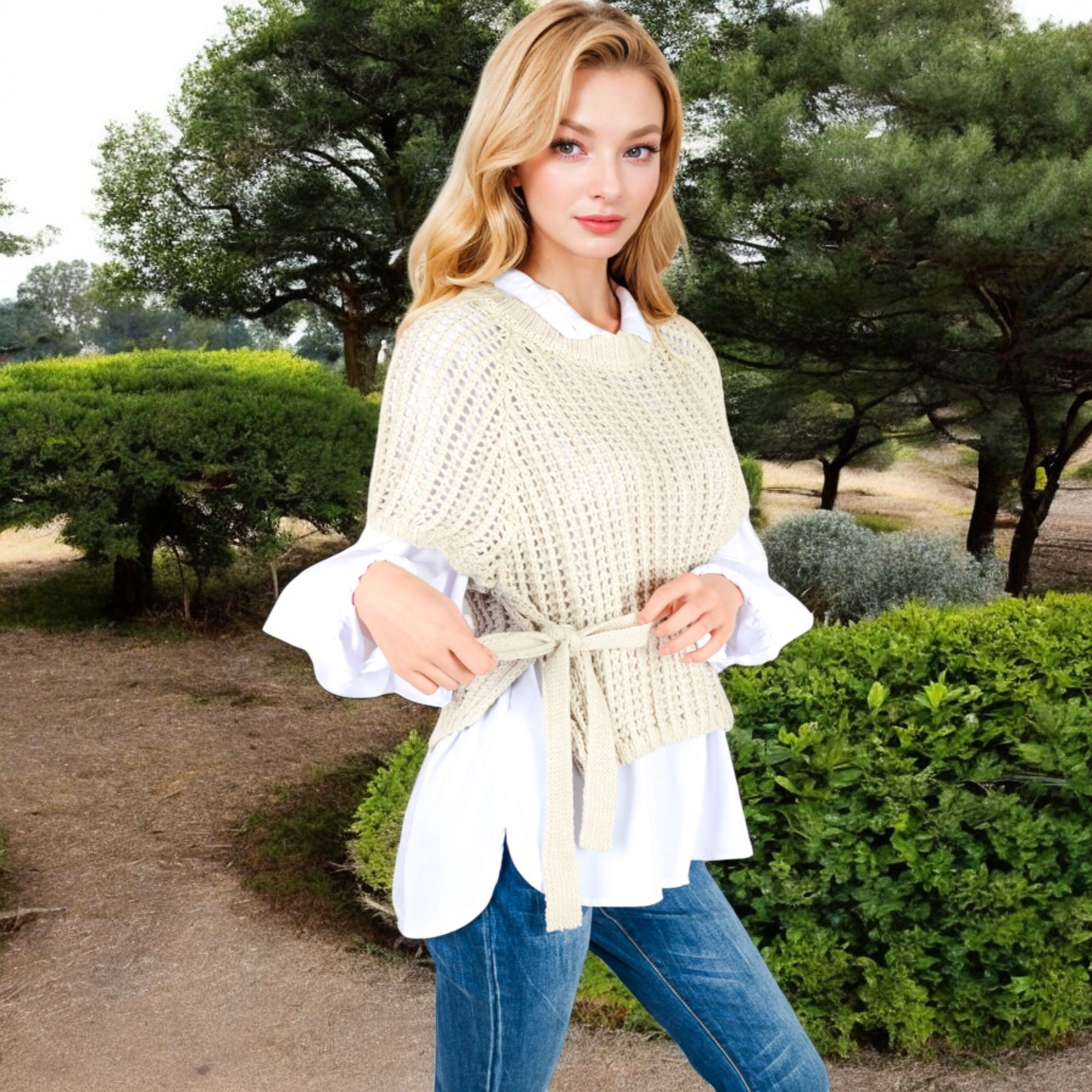 Anna-Kaci Women's Open Knit Pullover Sweater Vest with Cap Sleeves