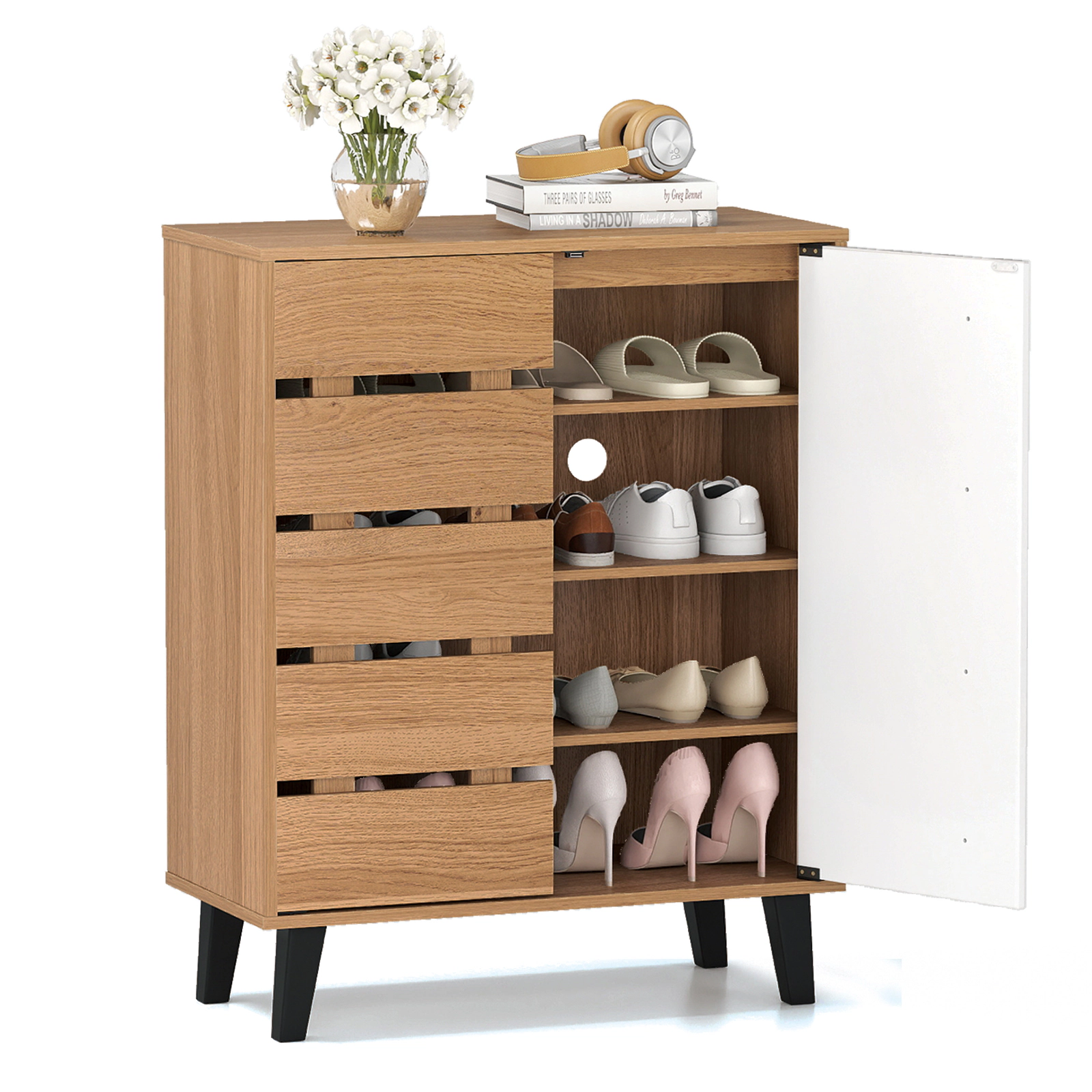 SUGIFT 4-Tier Farmhouse Shoe Organizer Louvered Door 110-lb Countertop Capacity 22-lb Shelf Capacity Natural & White