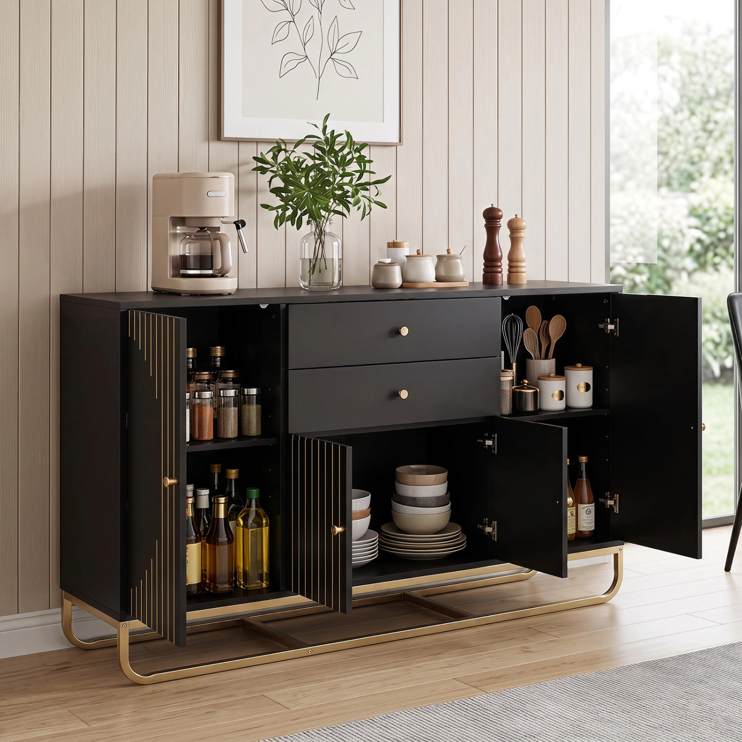 LJG Modern Buffet Sideboard Cabinet with 2 Drawers & Adjustable Shelves for Dining Room