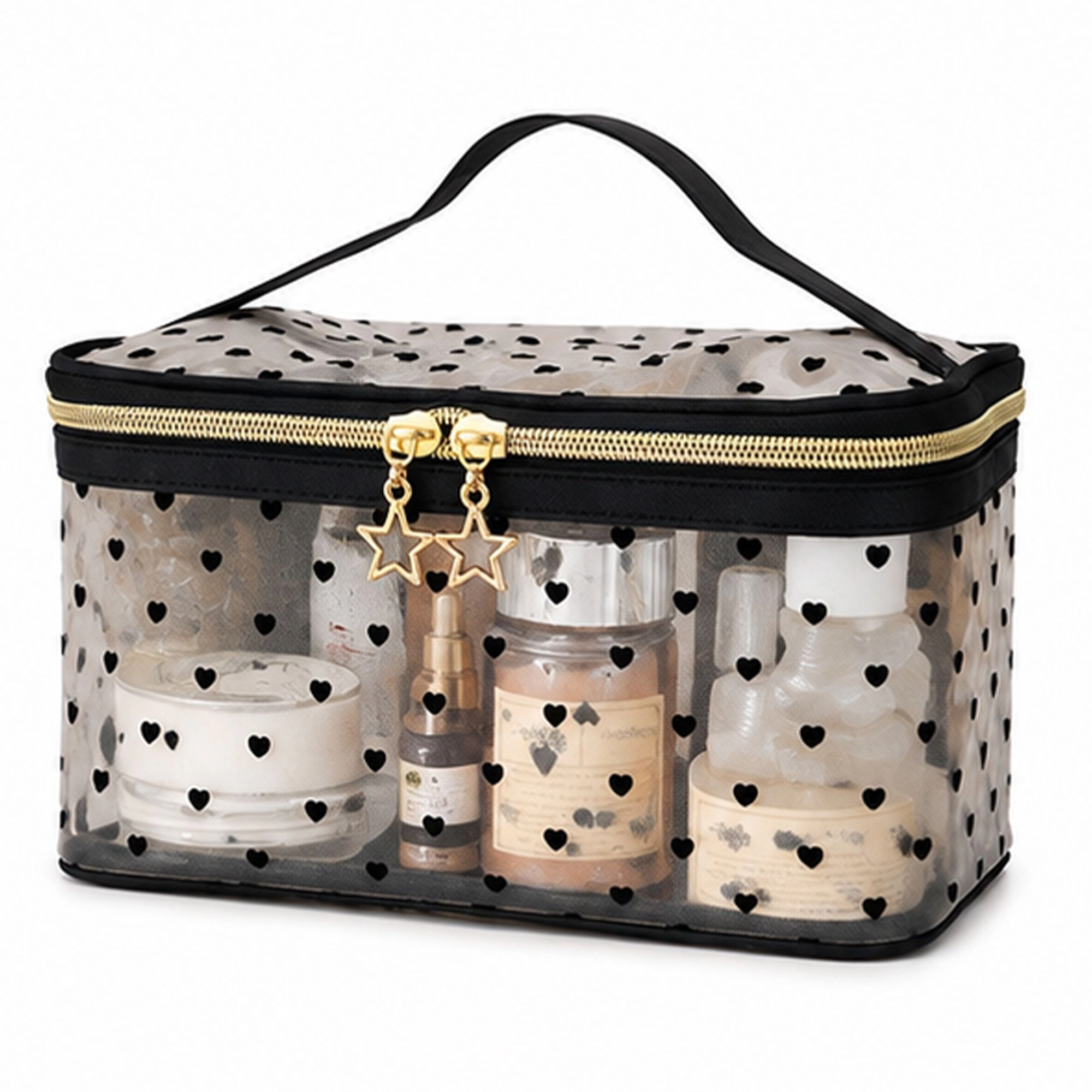 Alilang Unisex Heart Print Mesh Makeup Bag Large Travel Cosmetic Toiletry Organizer with Handle