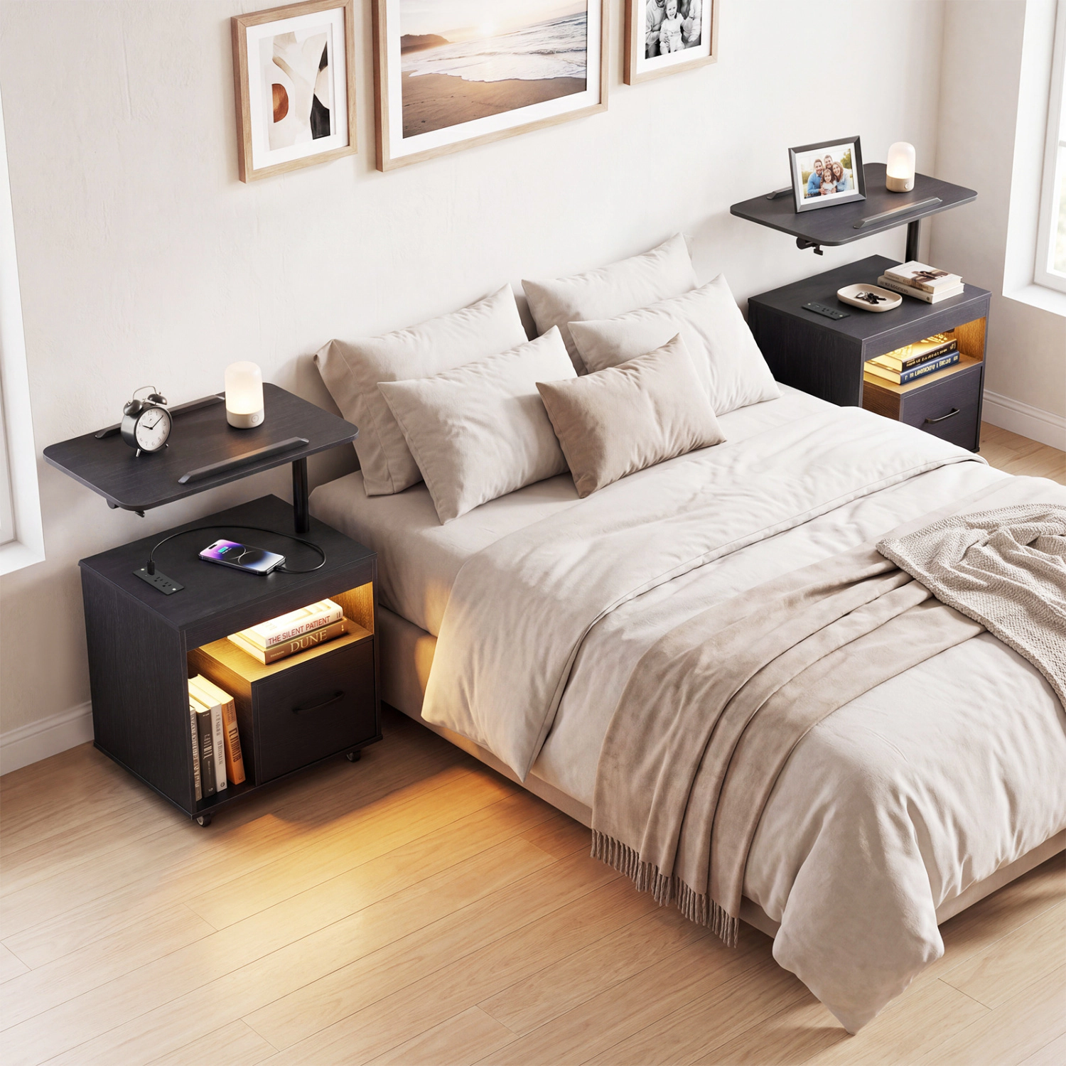 LJG LED Nightstand with Power Outlets Modern Bedside Table Flip Over