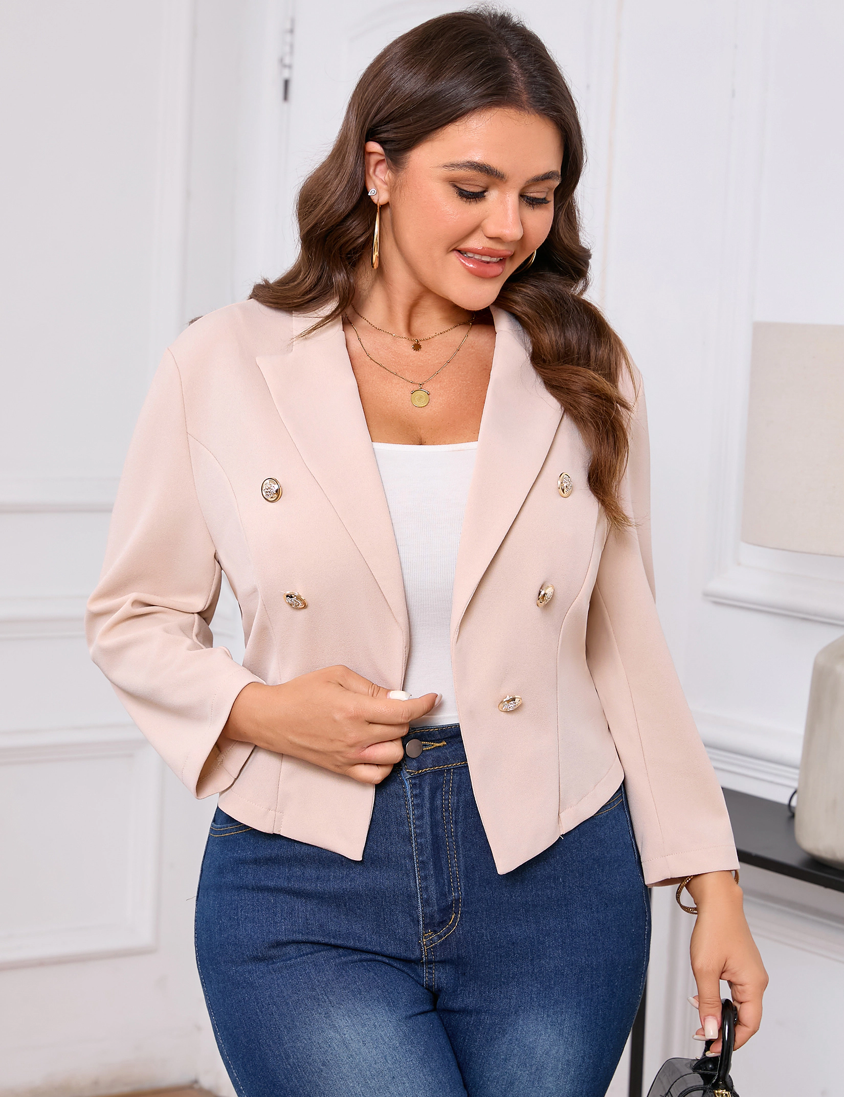 KOJOOIN Women's Double Breasted Cropped Blazer 3/4 Sleeves Open Front Office Work with Pocket
