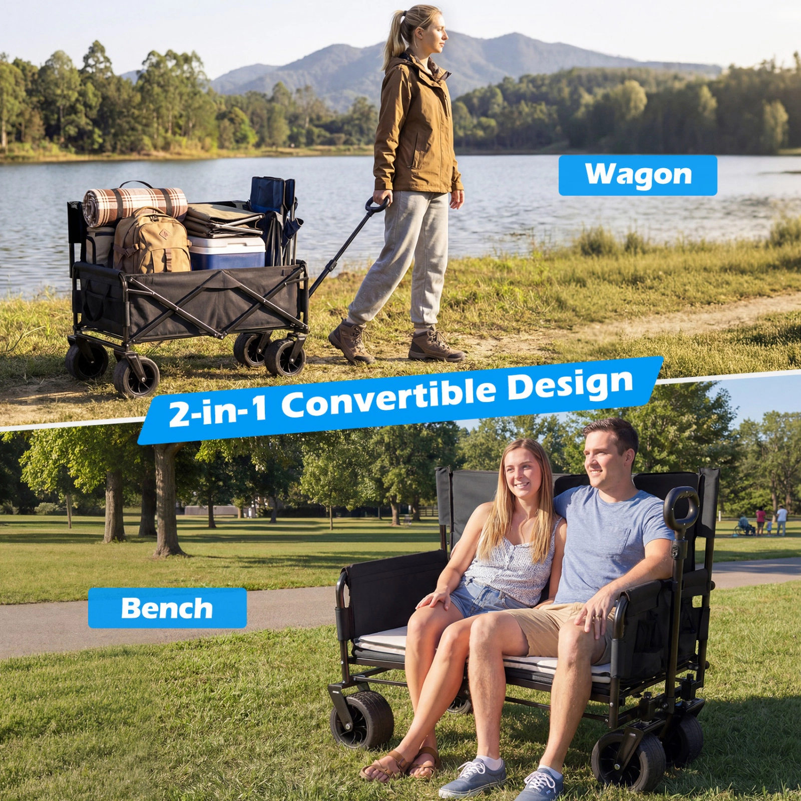 SUGIFT 2-in-1 Convertible Wagon Bench Seat Collapsible Beach Cart 176-lb Capacity 6.5-in Wheels 30-42-in Height Black