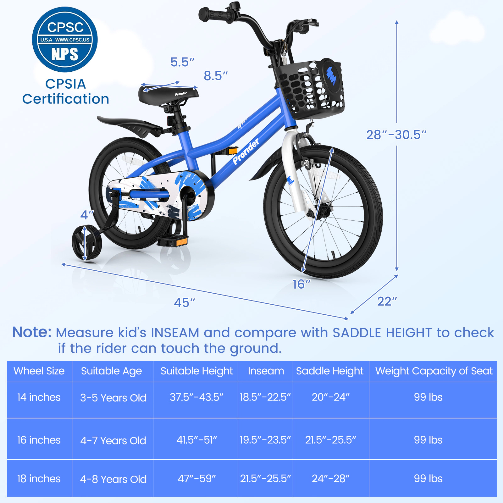 16-in Kids Bike Removable Training Wheels Front Basket Adjustable Handlebar Coaster Brake Ages 4-7 Blue