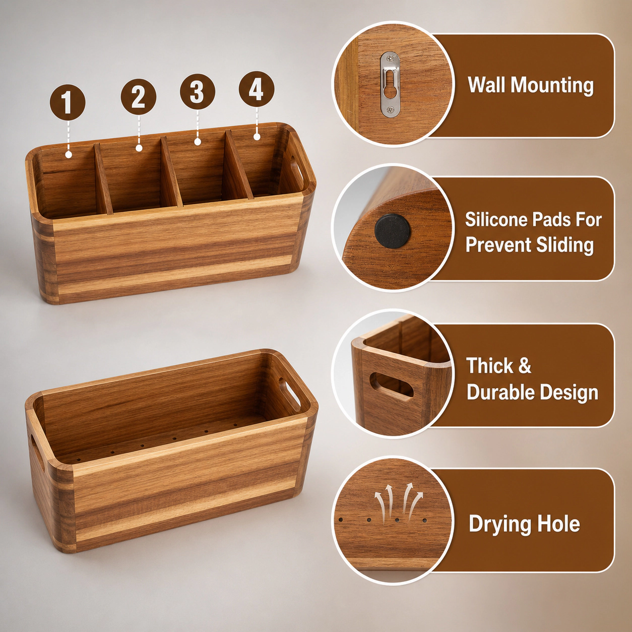 WZK Rustic Wood Removable Partition Kitchen Utensil Holder