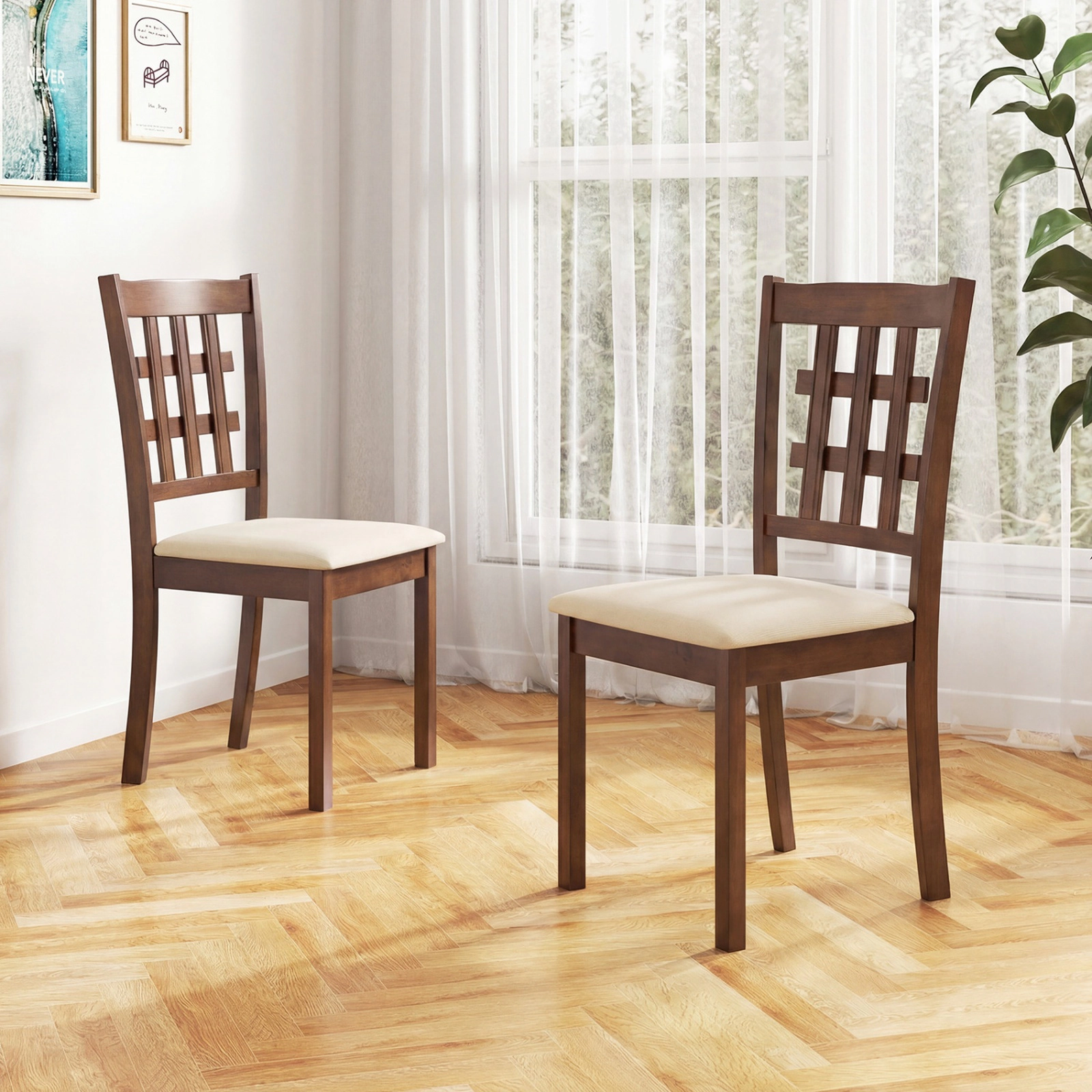SUGIFT Set of 2 Wood Kitchen Chairs with Faux Leather Upholstered Seat 330-lb Capacity Walnut + Beige