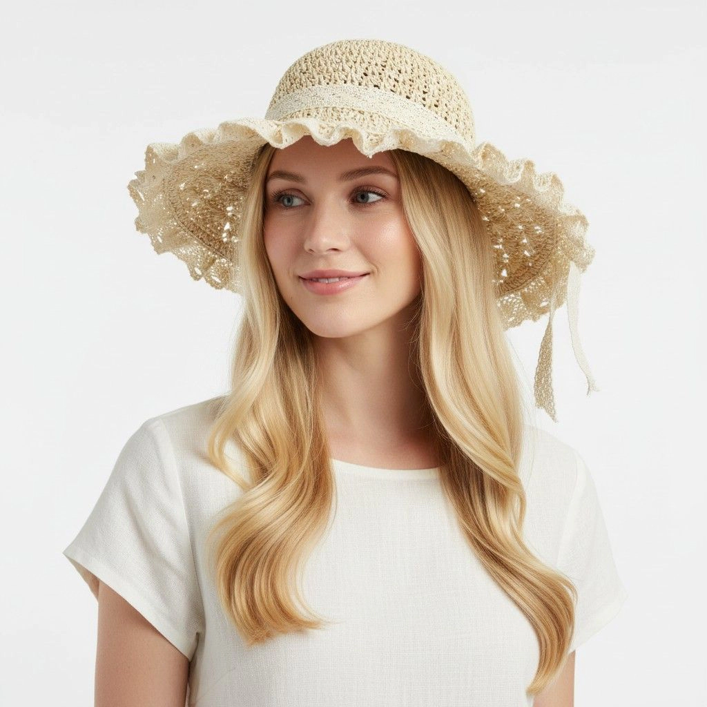 Anna-Kaci Womens Wide Brim Straw Sun Hat Lace Trim Breathable Floppy Beach Vacation