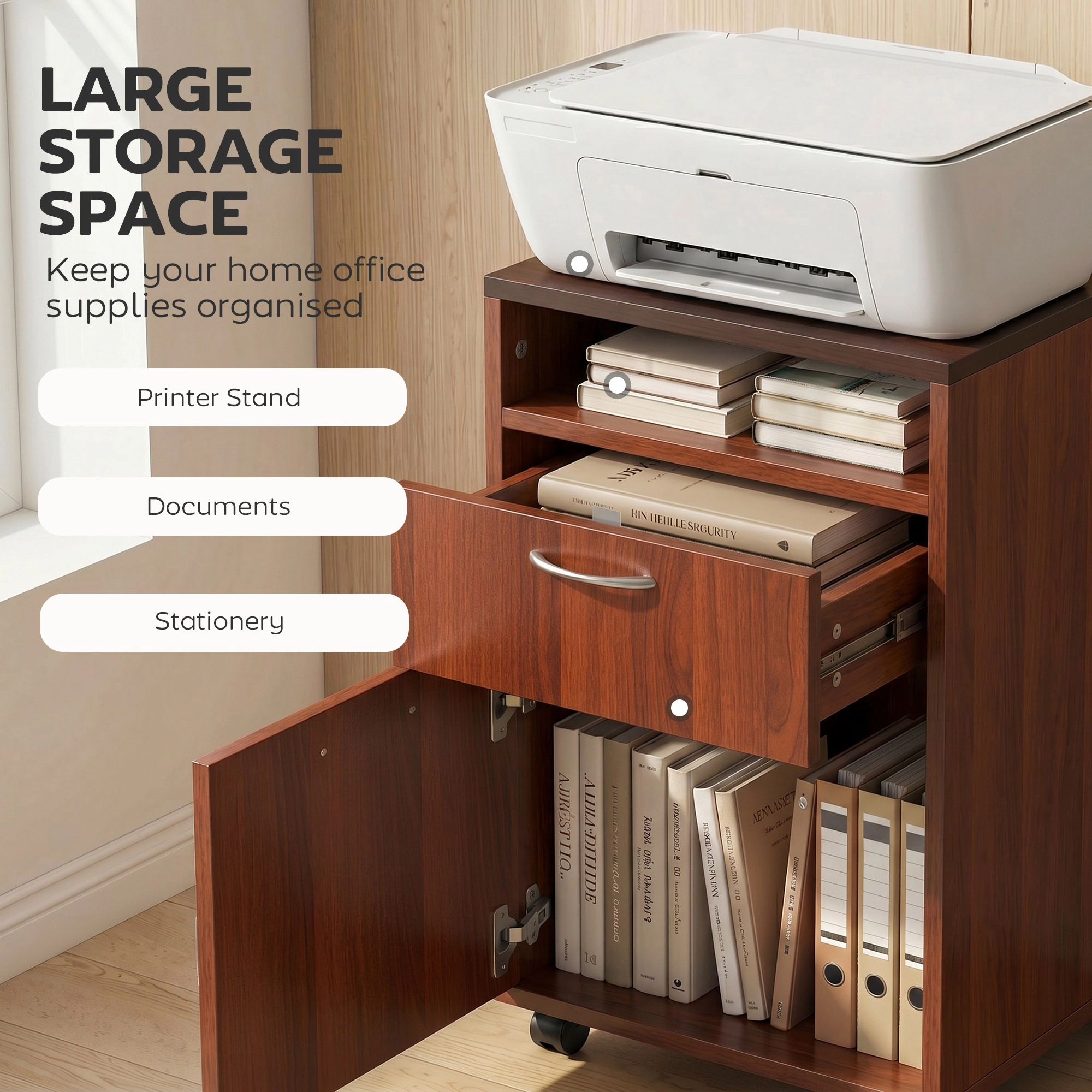 HONGGE Mobile Storage Cabinet Organizer with Drawer and Cabinet, Printer Stand Castors
