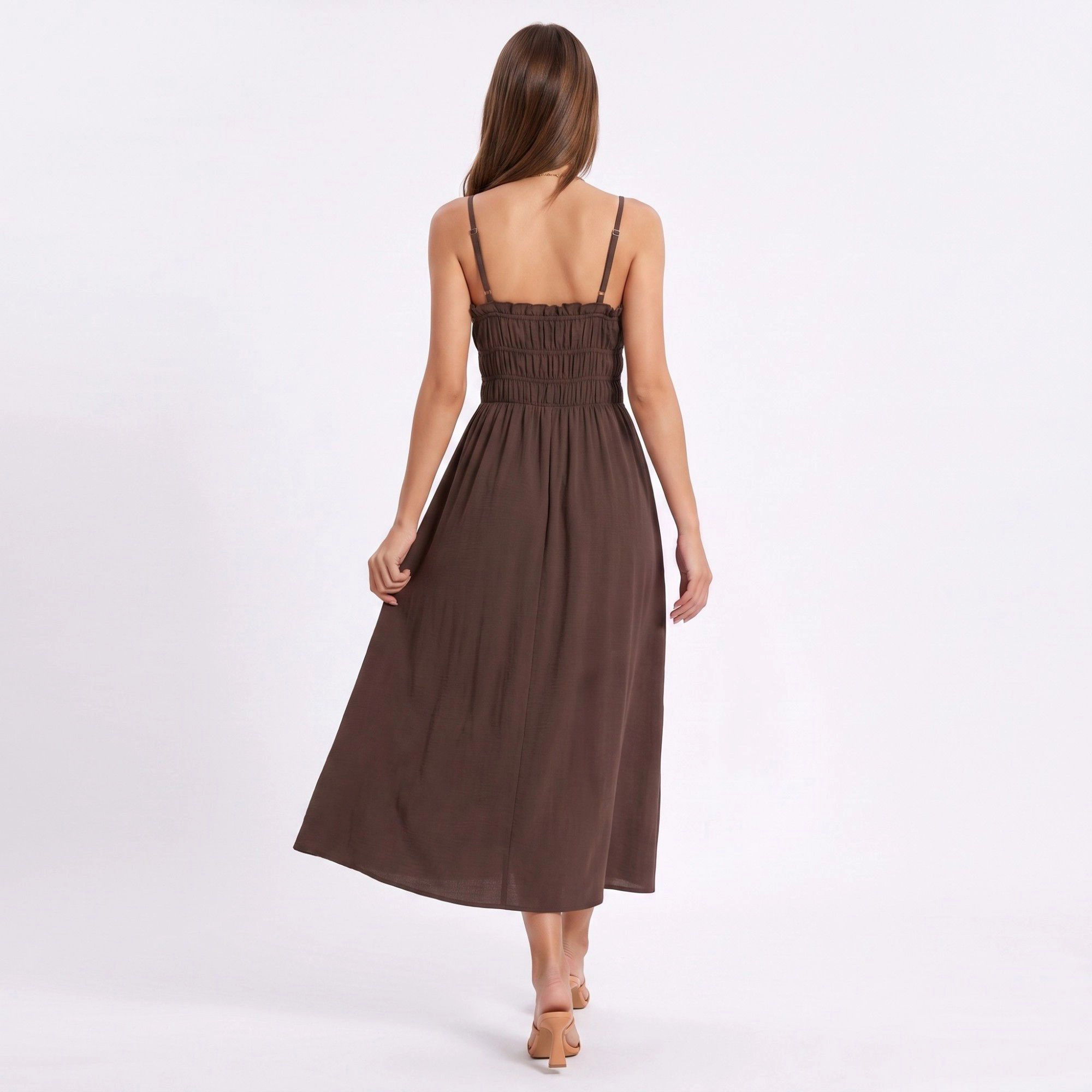 Anna-Kaci Women's Smocked Spaghetti Strap Tie Front A-Line Midi Dress