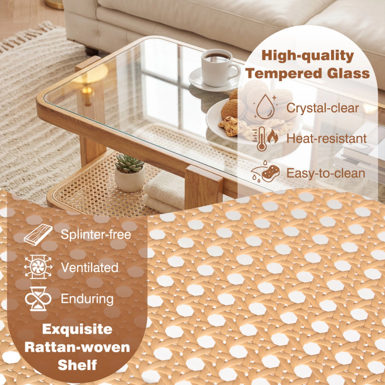 SUGIFT Set of 2 Nesting Coffee Tables with Tempered Glass Tops and Rattan Shelf 185-Lb Large Top Capacity Natural