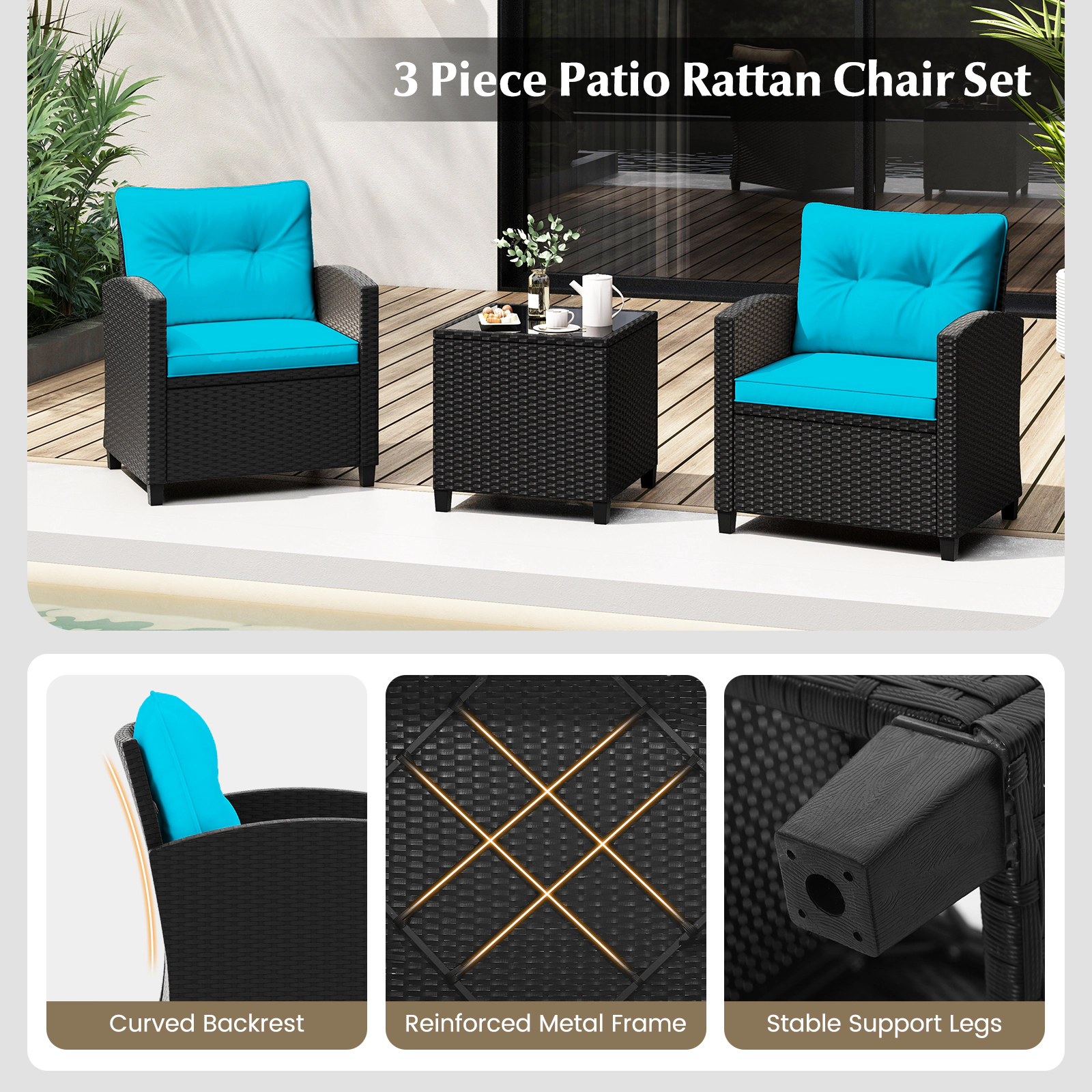 SUGIFT 3-Piece Black Rattan Patio Conversation Set with 2 Cushioned Chairs and Tempered Glass Table