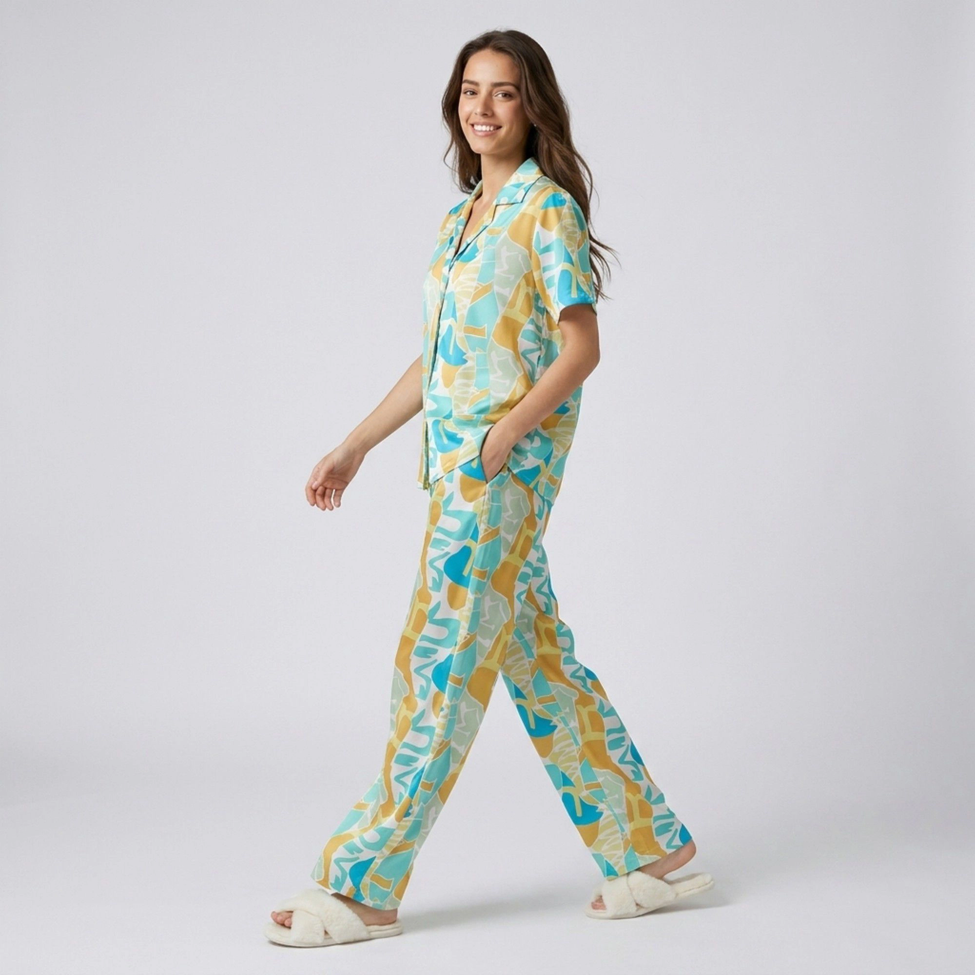 Anna-Kaci Women's 2-Piece Abstract Print Pajama Set with Short Sleeve Button Top and Wide Leg Pants
