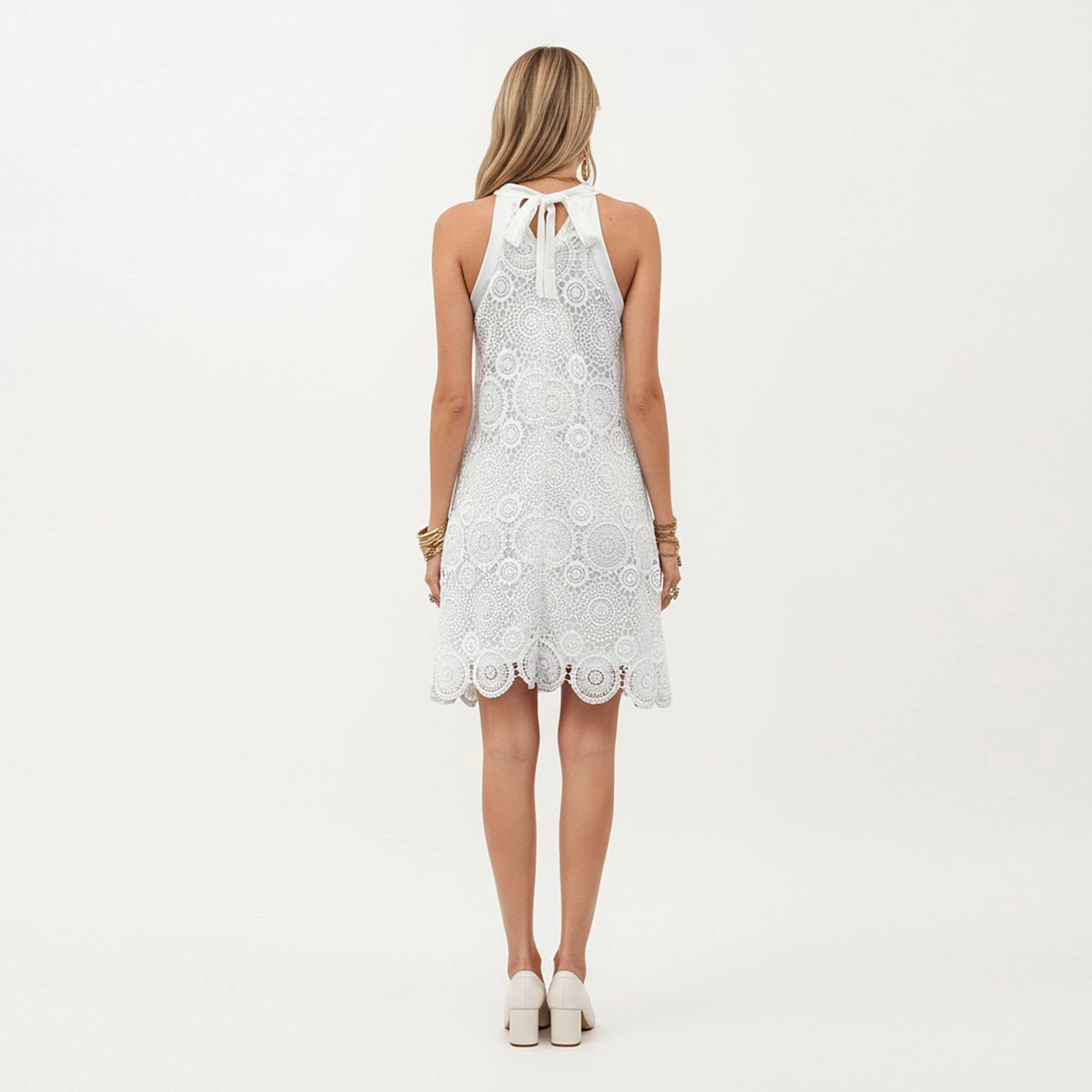 Anna-Kaci Women's Halter Neck Lace Scalloped Hem A Line Dress