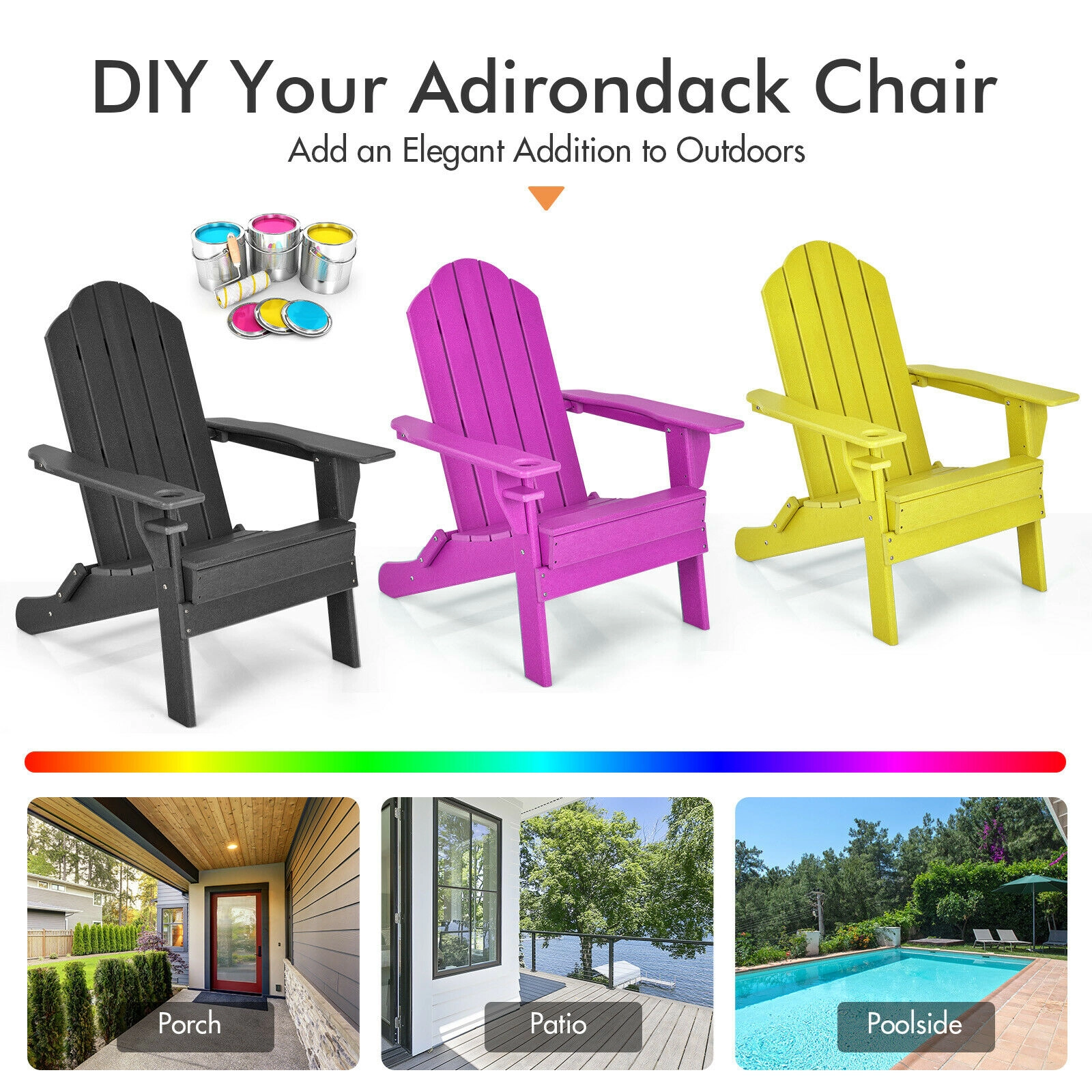 SUGIFT Foldable Weather Resistant Patio Adirondack Chair Black with Built-in Cup Holder