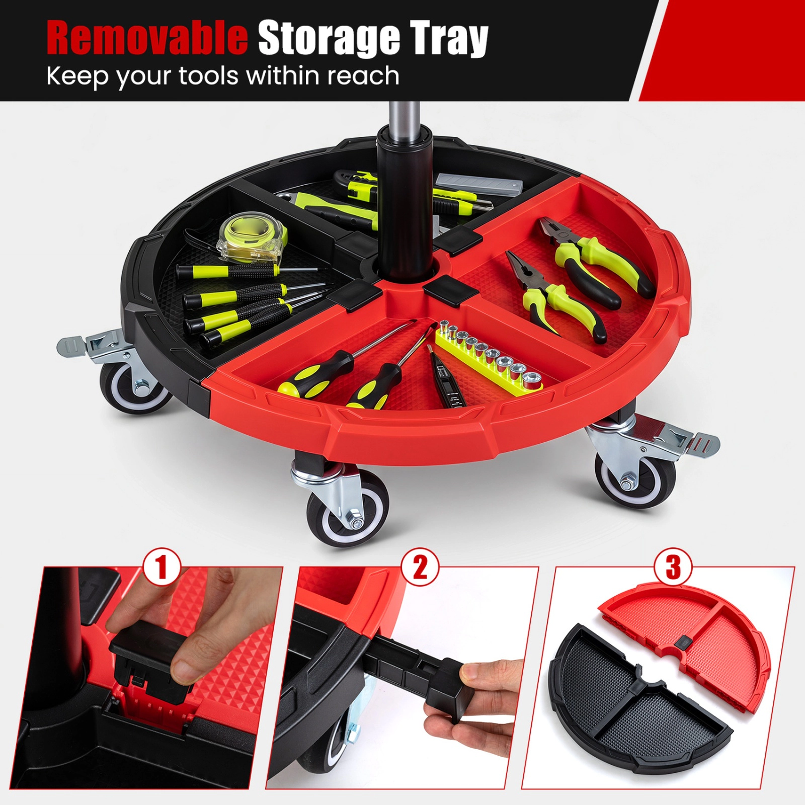 SUGIFT Adjustable 360° Rolling Mechanic Stool Seat with Backrest and Tool Storage Tray 330-lb Capacity Black + Red