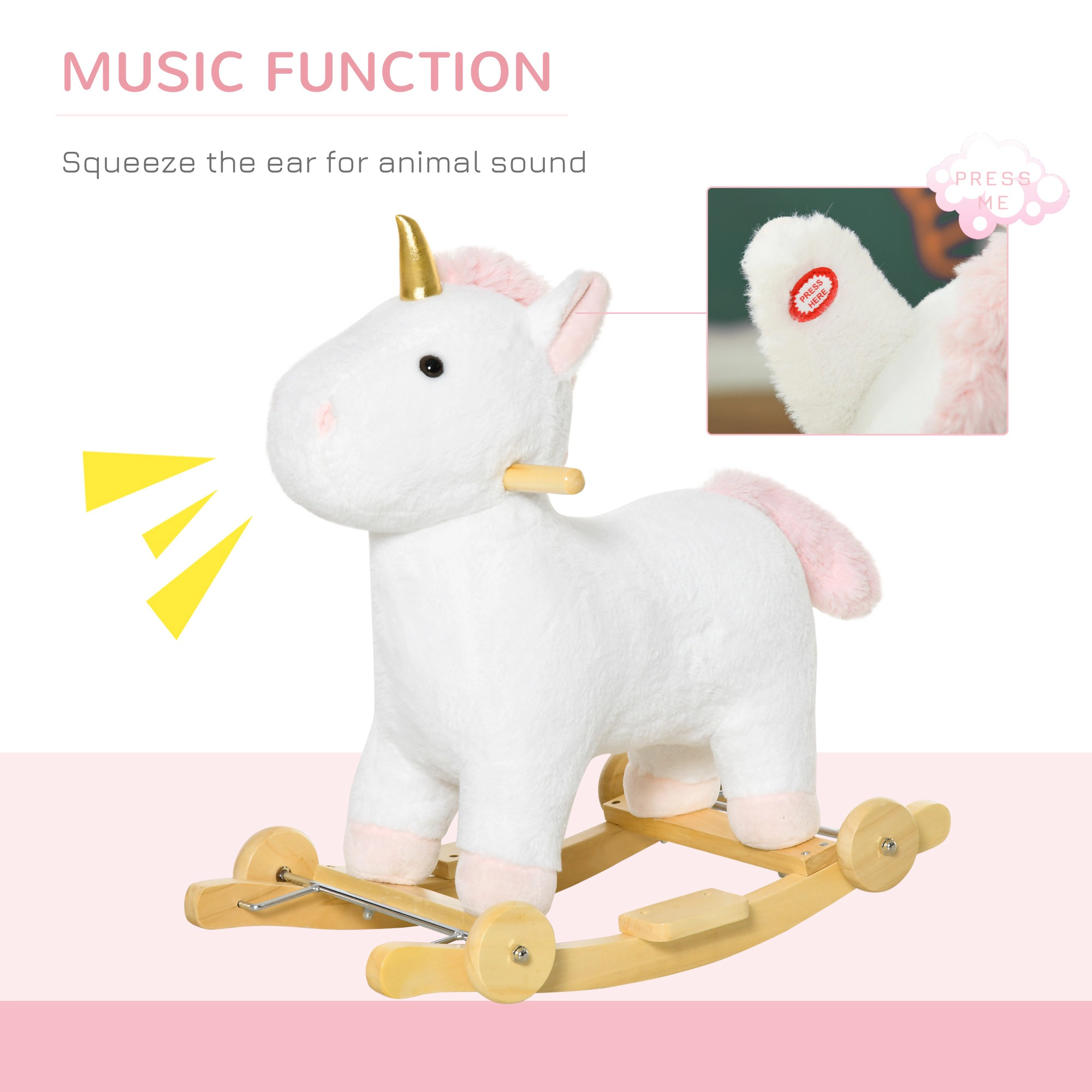 HONGGE White 2-in-1 Rock and Roll Unicorn Ride-On Toy with Wooden Base and Sound for Kids Ages 3-6