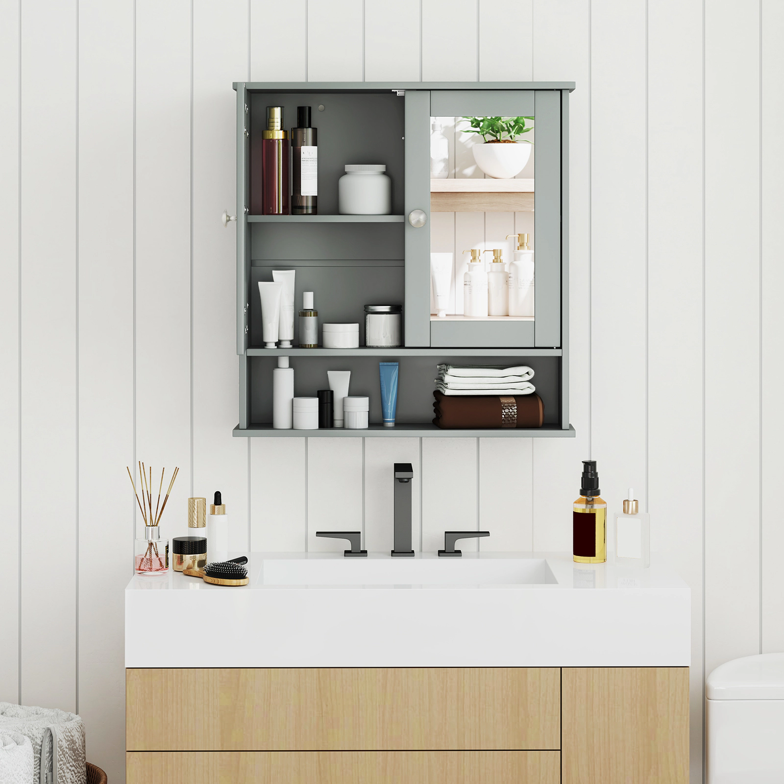 SUGIFT Twin Mirror Doors 3-Level Adjustable Shelf Bathroom Medicine Cabinet 22-in x 5-in x 23-in 44-lb Gray