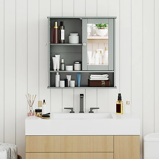 SUGIFT Twin Mirror Doors 3-Level Adjustable Shelf Bathroom Medicine Cabinet 22-in x 5-in x 23-in 44-lb Gray