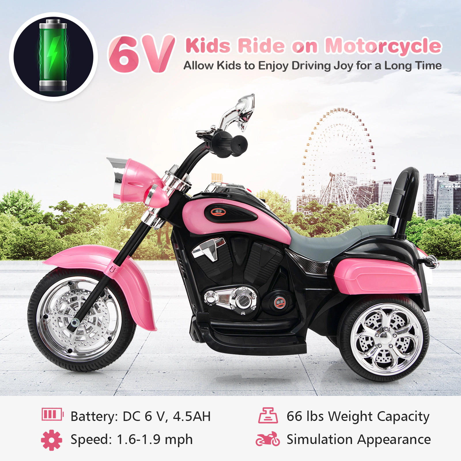 3-Wheel Kids Electric Motorcycle 6V Ride On Adjustable Headlight Music 36-in Ages 3+ 66-lb Capacity Pink