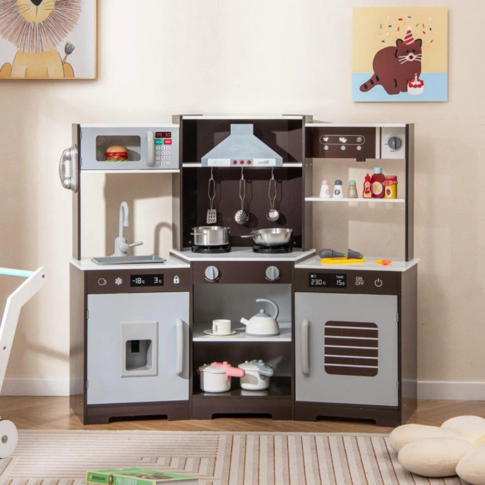 Hivvago Pretend Play Kitchen Wooden Toy Set with Range Hood Real Sounds and Lights
