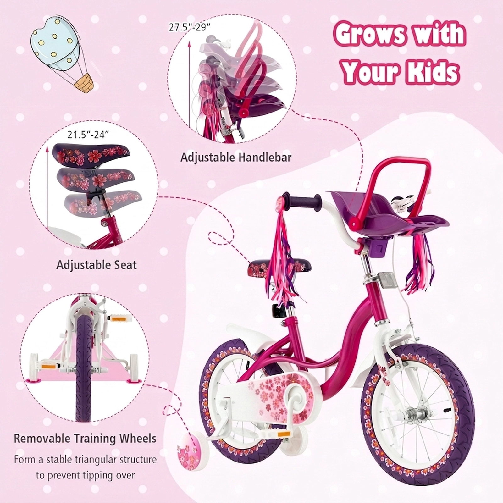 16-in Girls Bike Detachable Doll Seat Removable Training Wheels Hand/Coaster Brakes Wheel Reflectors Ages 4-7 Pink