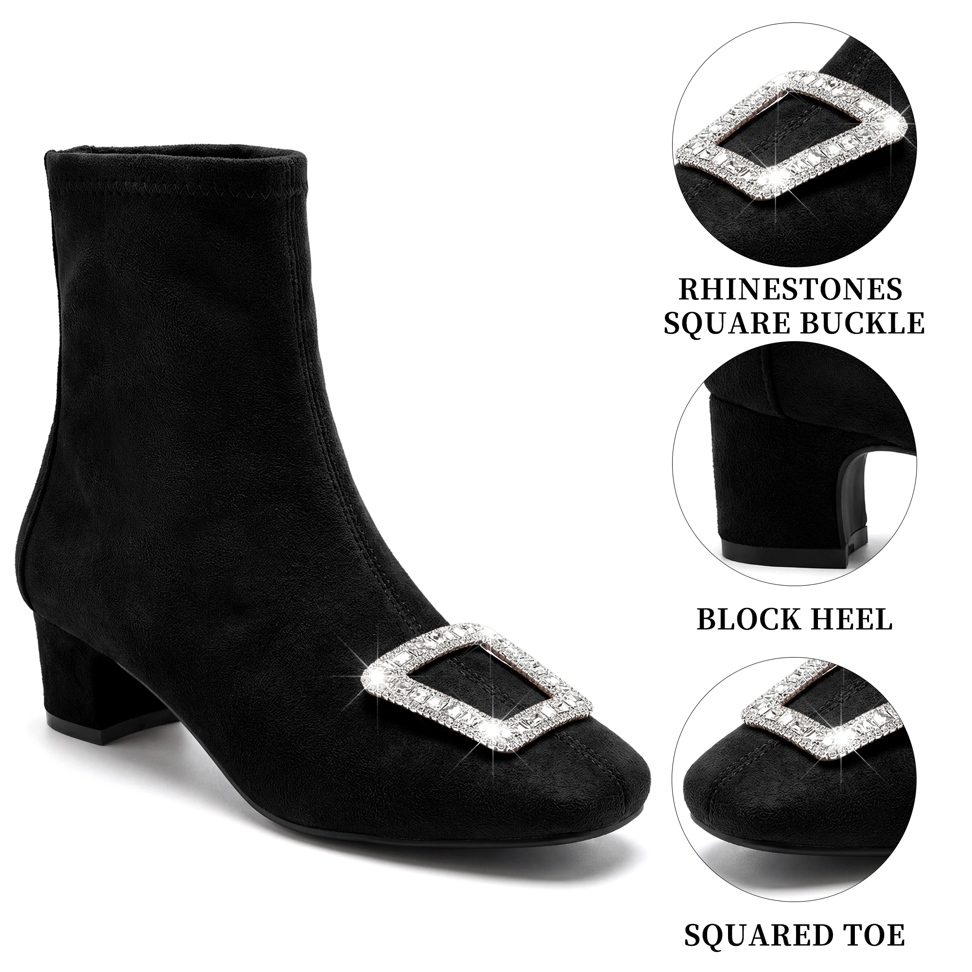 BLISSFUL STEP Women Rhinestone Square Toe Buckle Mid Block Heel Short Ankle Boots
