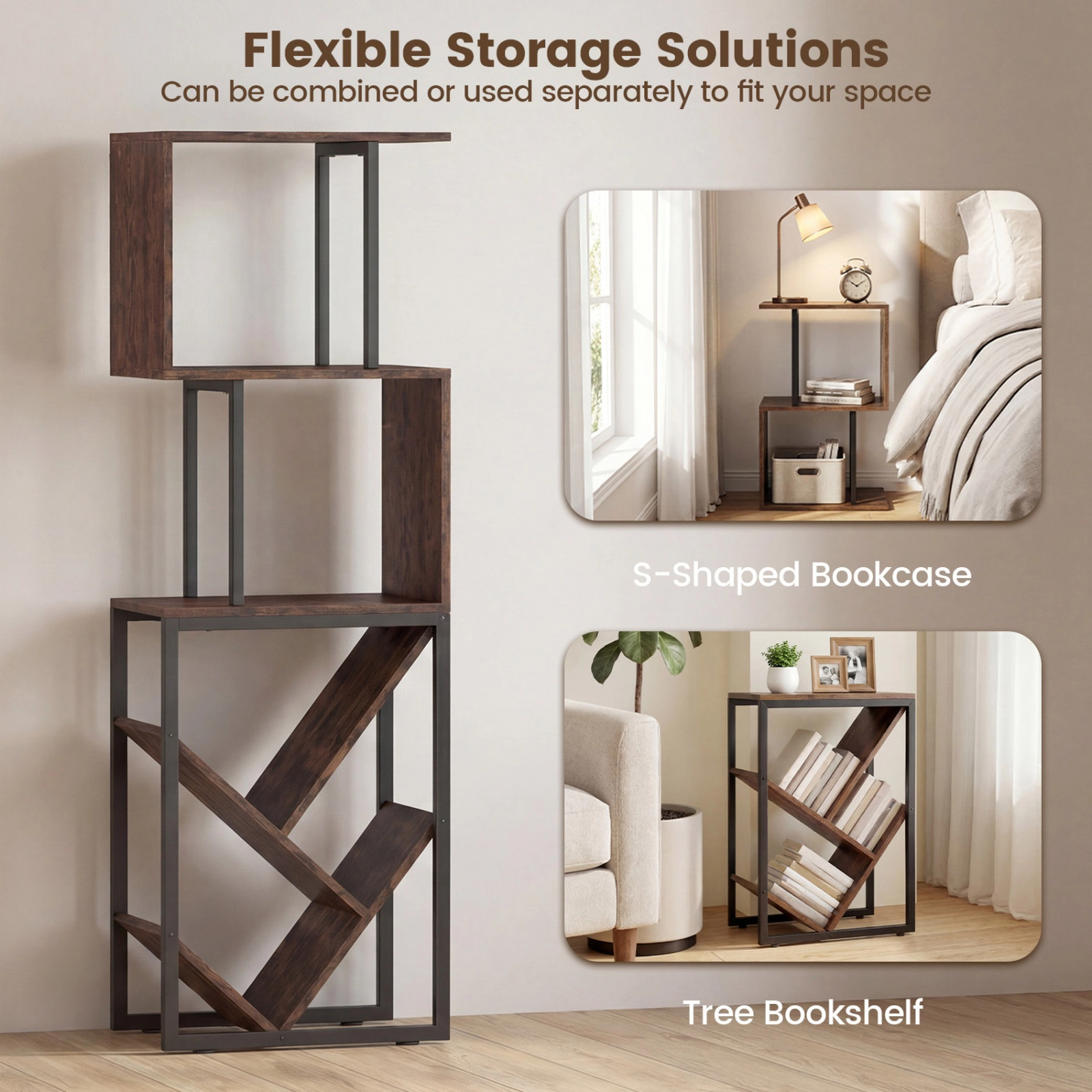 SUGIFT 6-Tier 48-in S-Shaped Geometric Tree Bookshelf Floor Standing with 2 Anti-Toppling Kits for Study