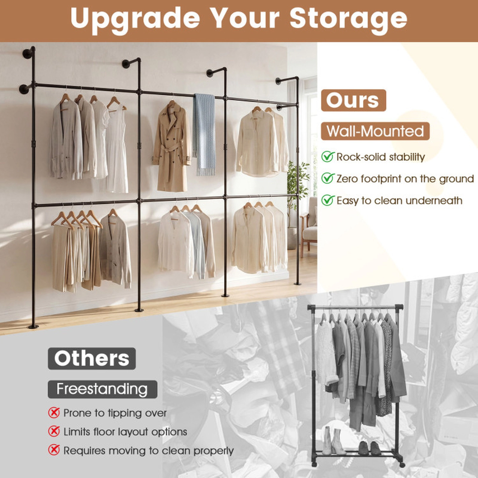 SUGIFT 6 Hanging Rods Double-Tier Wall Mounted Pipe Clothing Rack 118-in x 12.5-in x 89.5-in 45-lb per Rod Black