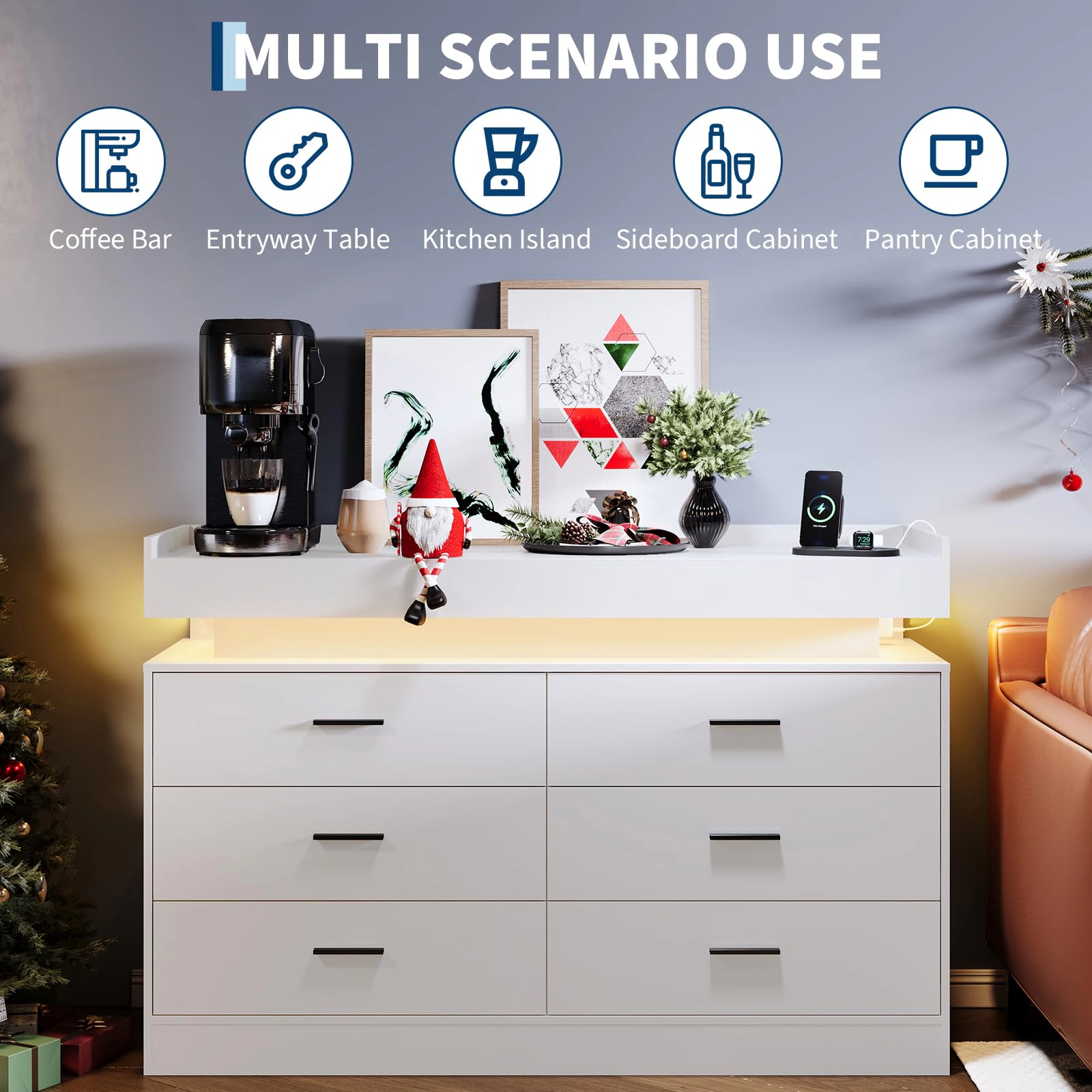 Modern TV Stand Dresser with LED Lights & Charging Station, Floating Top Sideboard Cabinet 6 Drawers