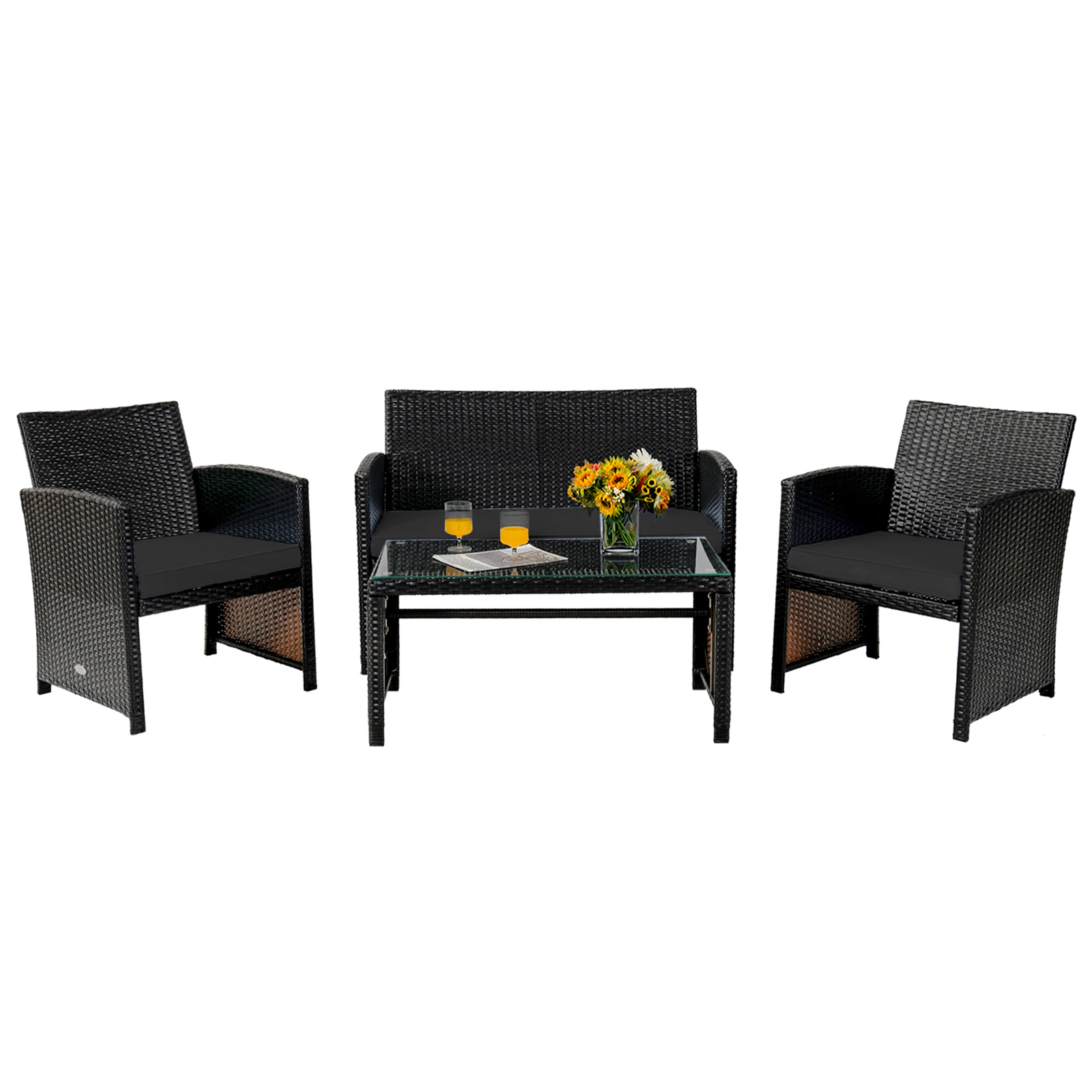 LJG 4 Pieces Patio Rattan Cushioned Furniture Set with Coffee Table