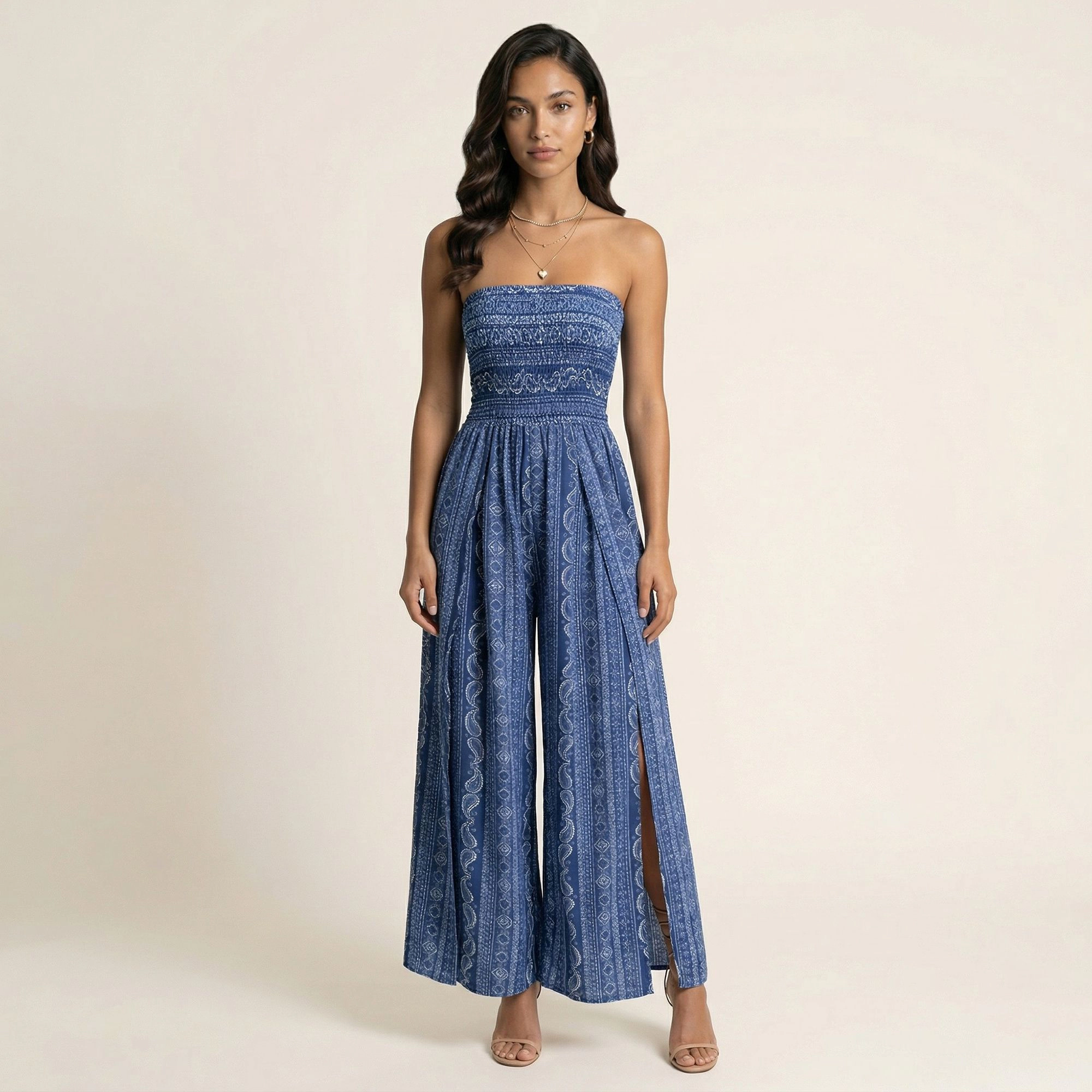 Anna-Kaci Womens Strapless Smocked Wide Leg Jumpsuit with Side Slits
