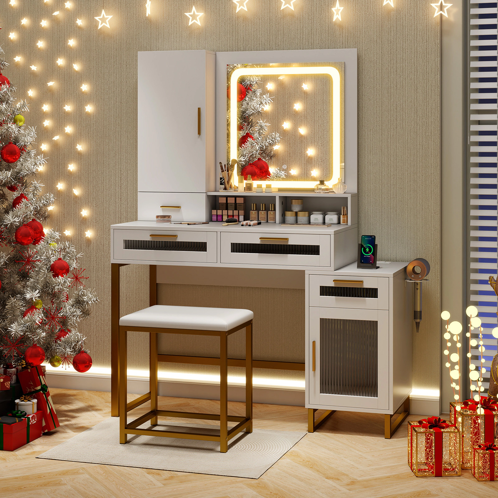 SUGIFT Makeup Vanity Desk and Stool Set with Lighted Mirror Jewelry Cabinet and Built-In Power Sockets