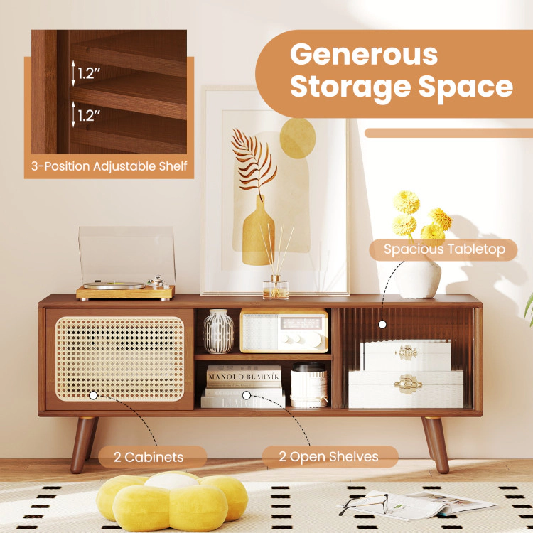 Hivvago Modern Tv Stand With Rattan Glass Sliding Doors-Brown