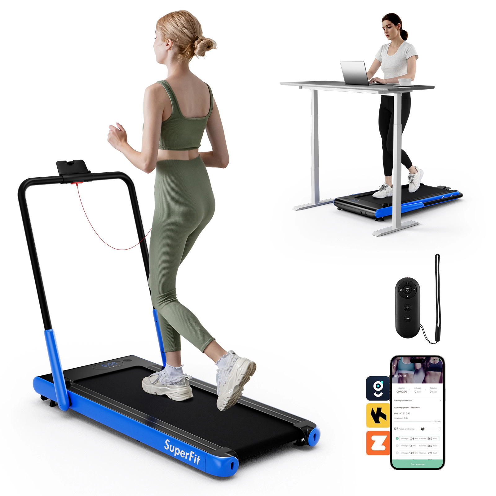 SUGIFT 3-in-1 3HP Folding Treadmill with Smart Apps Remote Control and Speakers 340-lb Capacity Navy