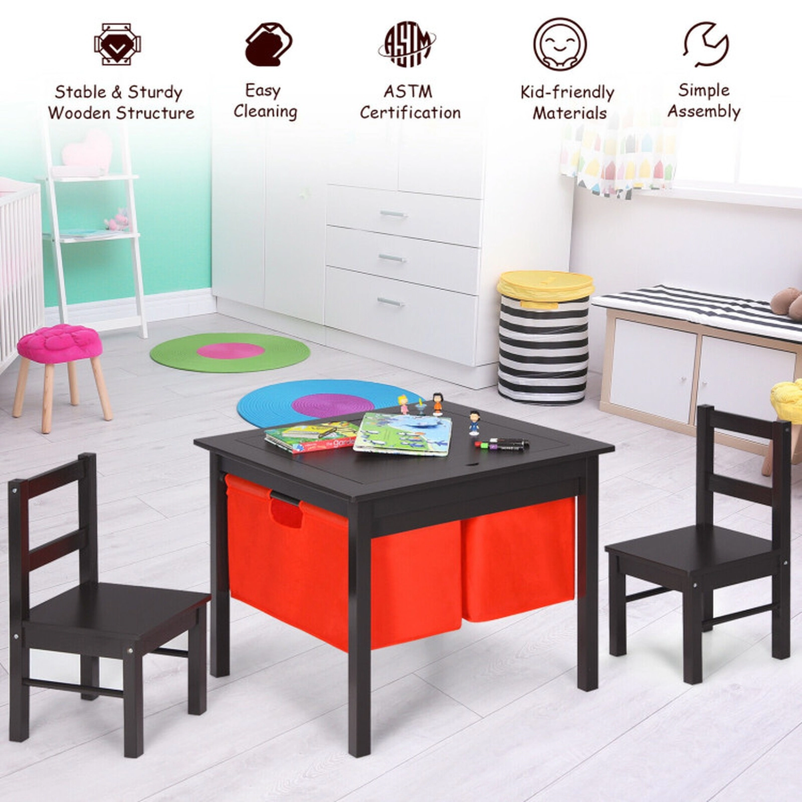 SUGIFT 2-in-1 Kids Activity Table & 2 Chairs Set with Storage 200-lb Table Capacity 100-lb Chair Capacity Ages 3-8 Years