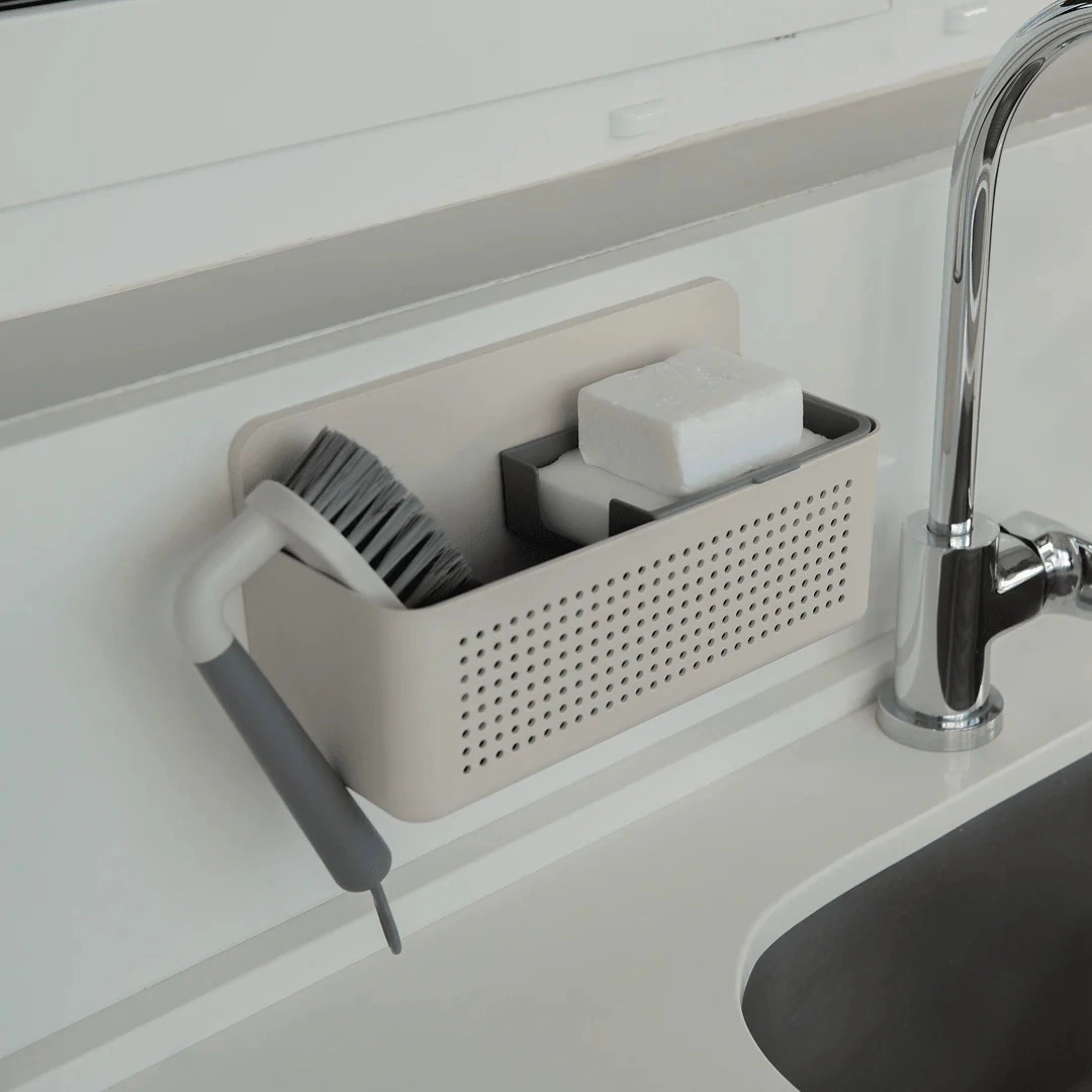 OU Hanging Sink Organizer - Self-Adhesive Caddy w/ Removable Sponge Tray, Space Saving Wall Mounted Kitchen Storage